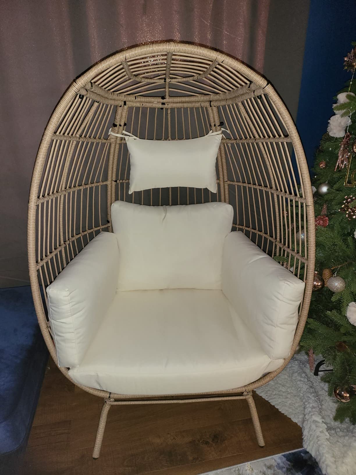【Furniture】Wicker Egg Chair Outdoor Indoor Oversized Lounger with Stand and Cushions Egg Basket Chair