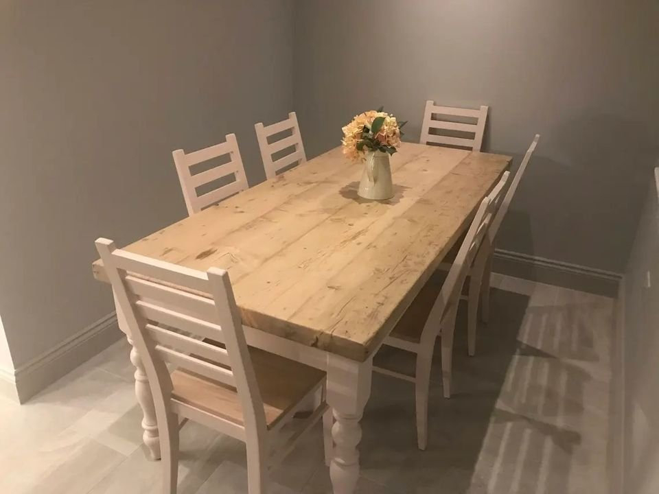 Farmhouse dining table with reclaimed wood top and 6 chairs