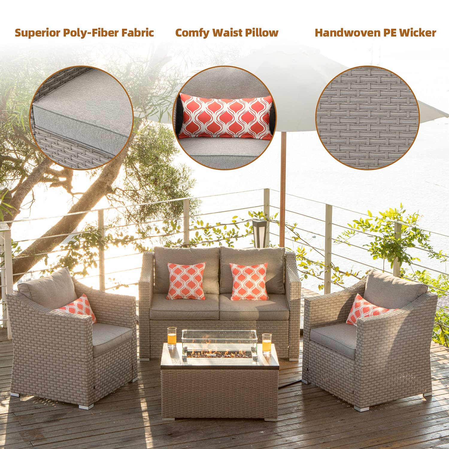 【Furniture】5-Pc Fire Pit Table Outdoor Furniture, Wicker Conversation Set, 4 Pillows w 32