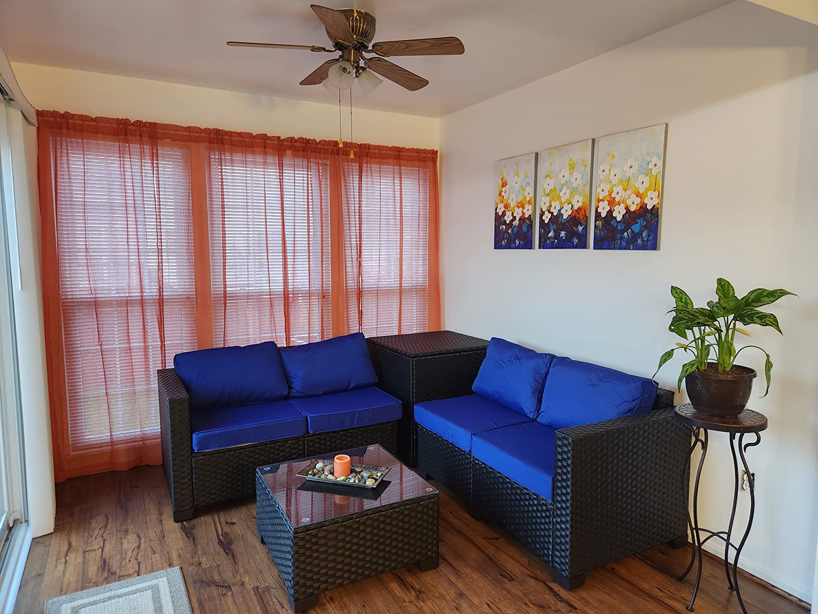 【Furniture】Outdoor PE Wicker Furniture Set 4 Piece Patio Black Rattan Sectional Loveseat Couch Set Conversation Sofa