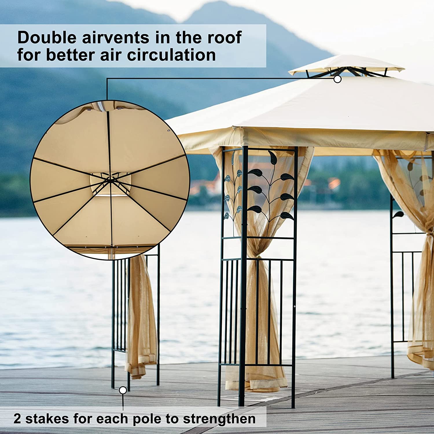 【Gazebo】10x10 Ft Patio BBQ Gazebo w/Side Wall & Mosquito Netting for Outdoor Party Activities, Beige