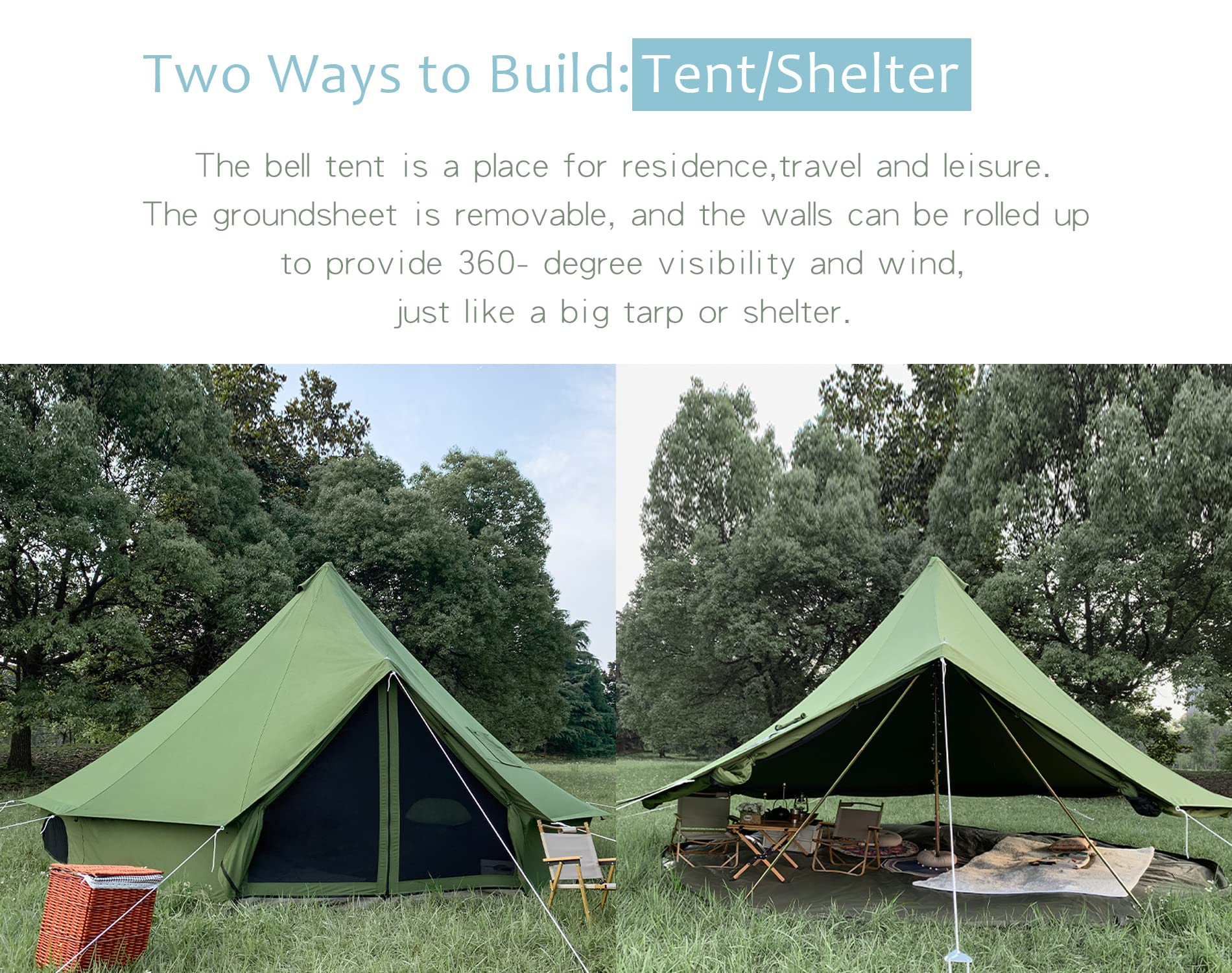 【Sports&Outdoors】Breathable 100% Cotton Canvas Bell Tent, Waterproof Large Tents w Sturdy Center & Door Pole