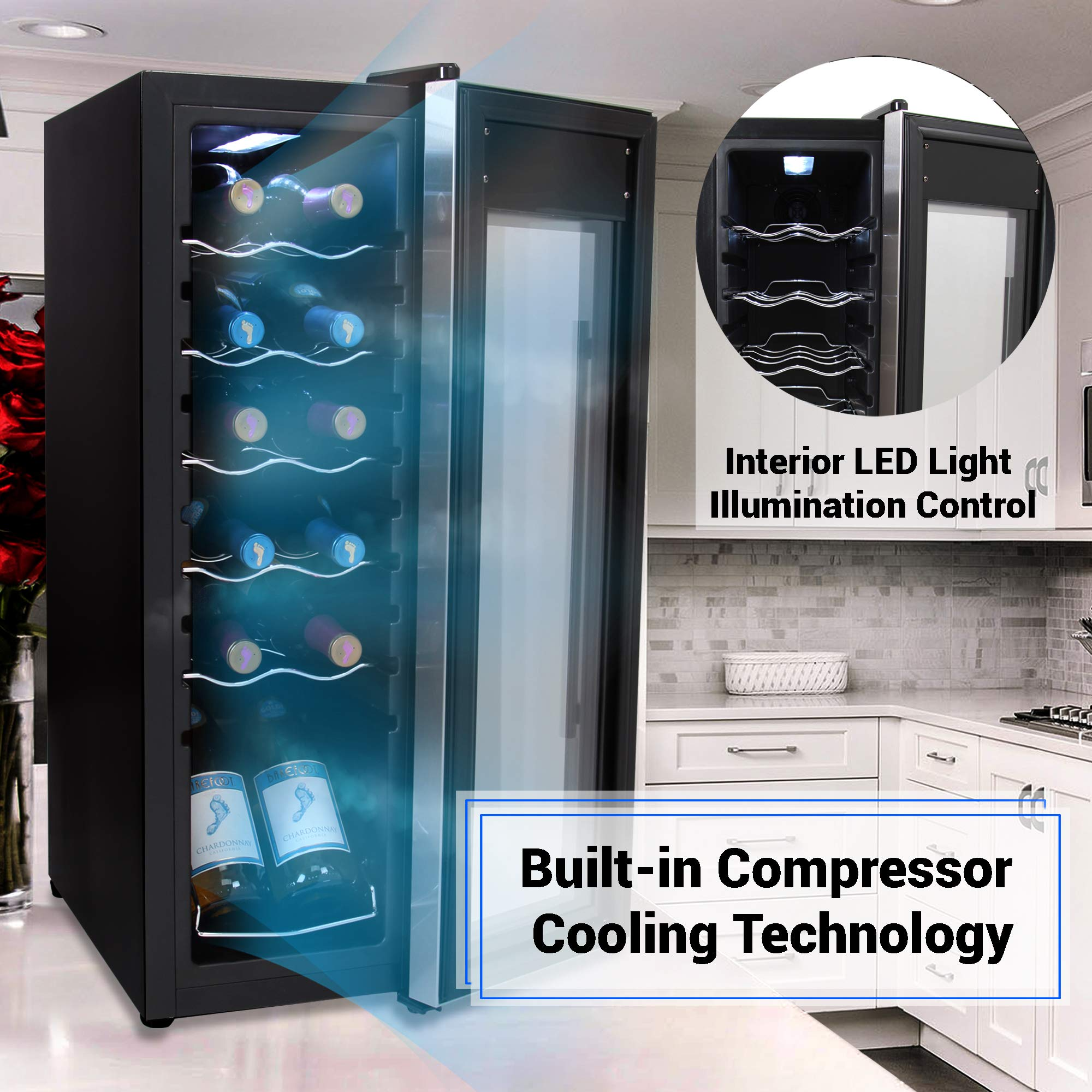 【Appliances】NutriChef PKCWC12 12 Bottle Cooler Refrigerator White and Red Countertop Chiller