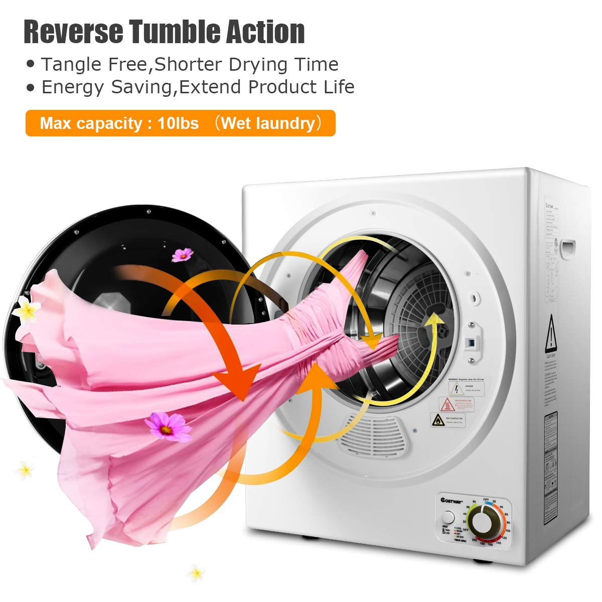 【Appliances】COSTWAY Compact Laundry Dryer, 110V Electric Portable Clothes Dryer with Stainless Steel Tub