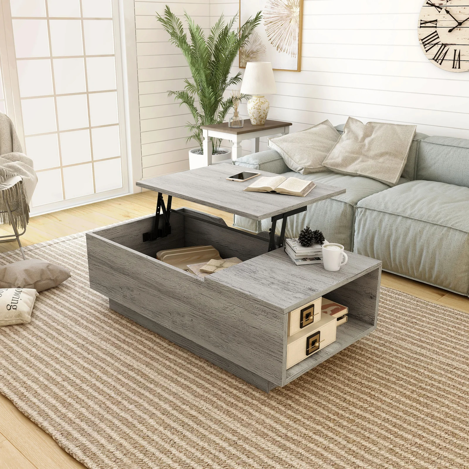 【Furniture】Kianna Lift Top Block Coffee Table with Storage