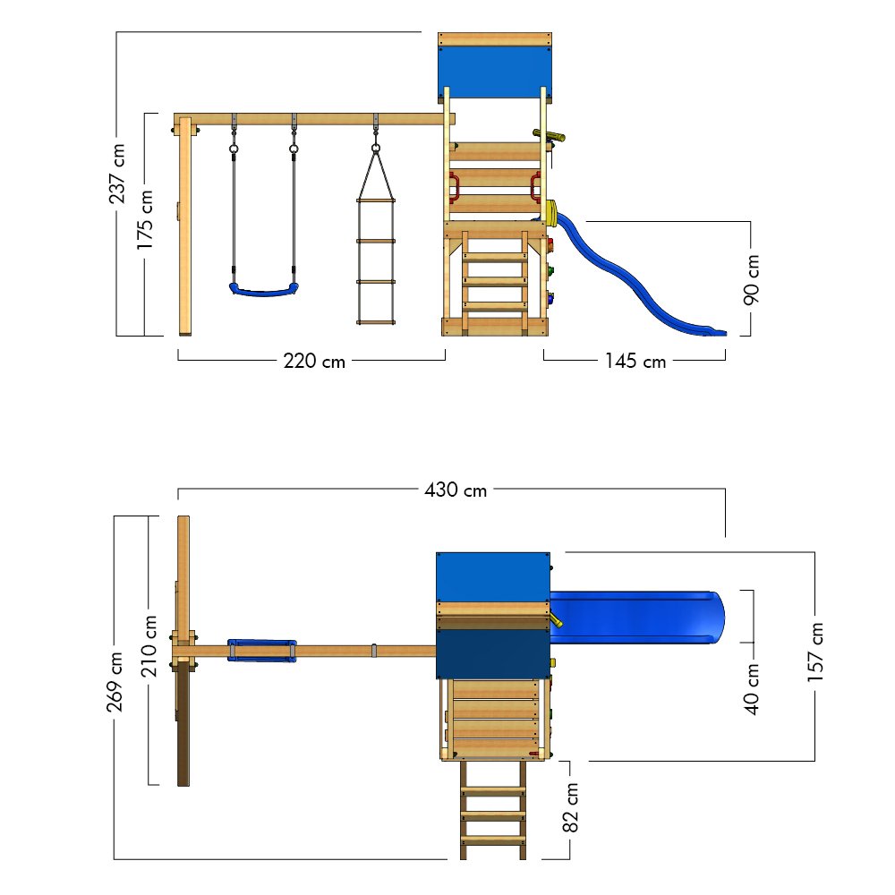 【Baby&Kids】Wooden climbing frame TurboFlyer with swing set and blue slide, Garden playhouse