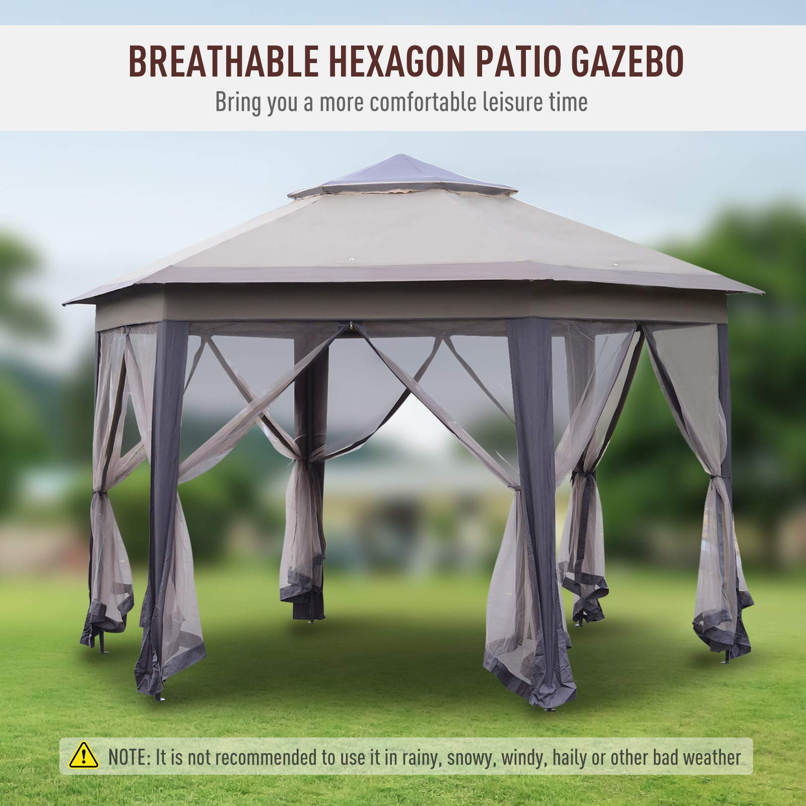 【Gazebo】13' x 13' Pop-Up Double Roof Six-Sided Pavilion with Sheltering Mesh