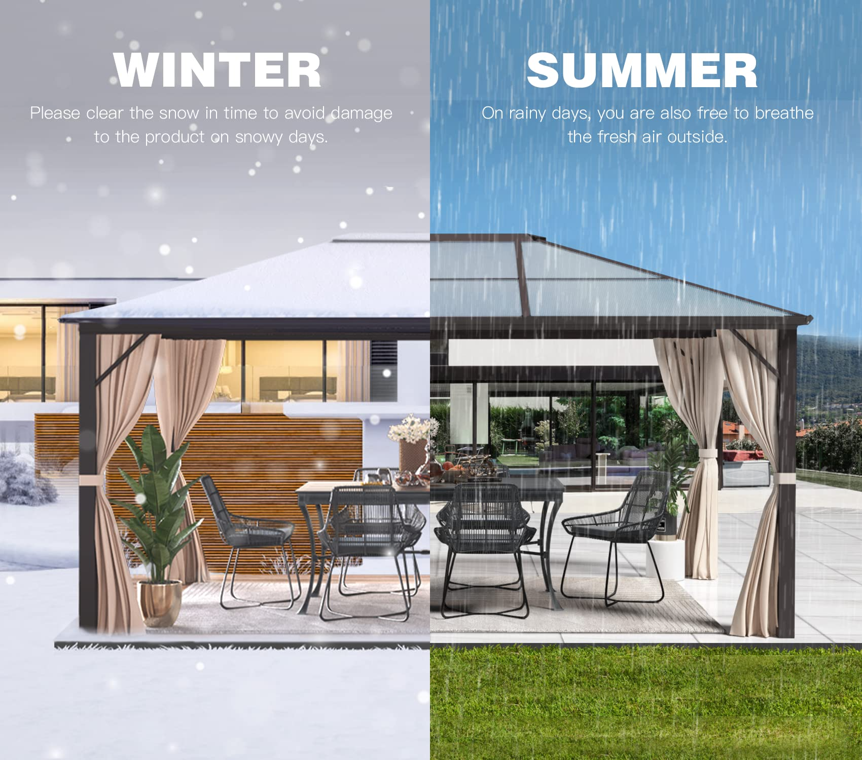 【Gazebo】10'x12' Outdoor Hardtop Polycarbonate Gazebo Canopy Curtains Aluminum Frame for Garden, Patio