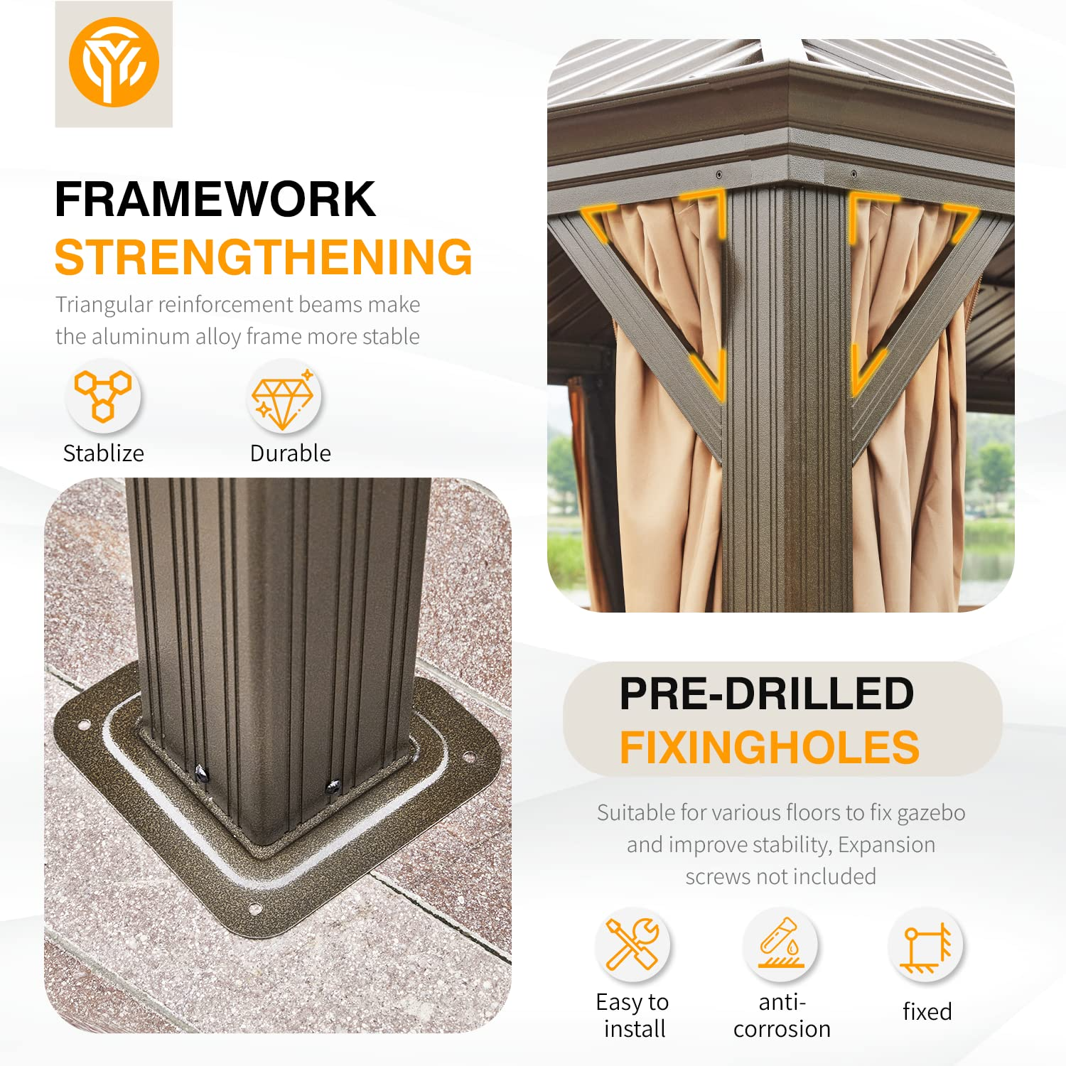 【Gazebo】10'x13' Hardtop Gazebo Galvanized Steel Outdoor Patio Gazebo Canopy Double Roof Pergolas