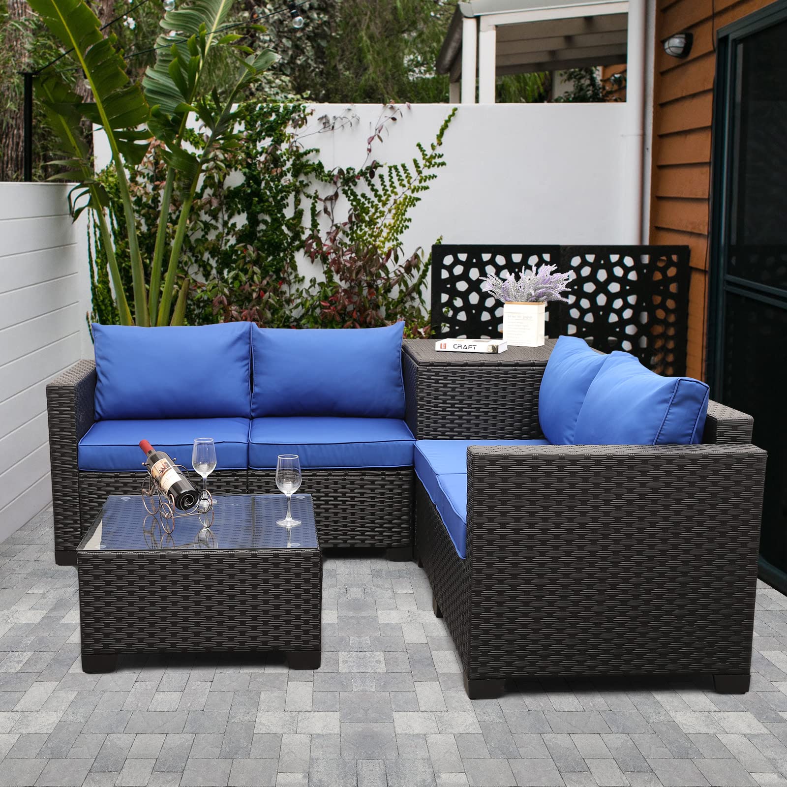 【Furniture】Outdoor PE Wicker Furniture Set 4 Piece Patio Black Rattan Sectional Loveseat Couch Set Conversation Sofa