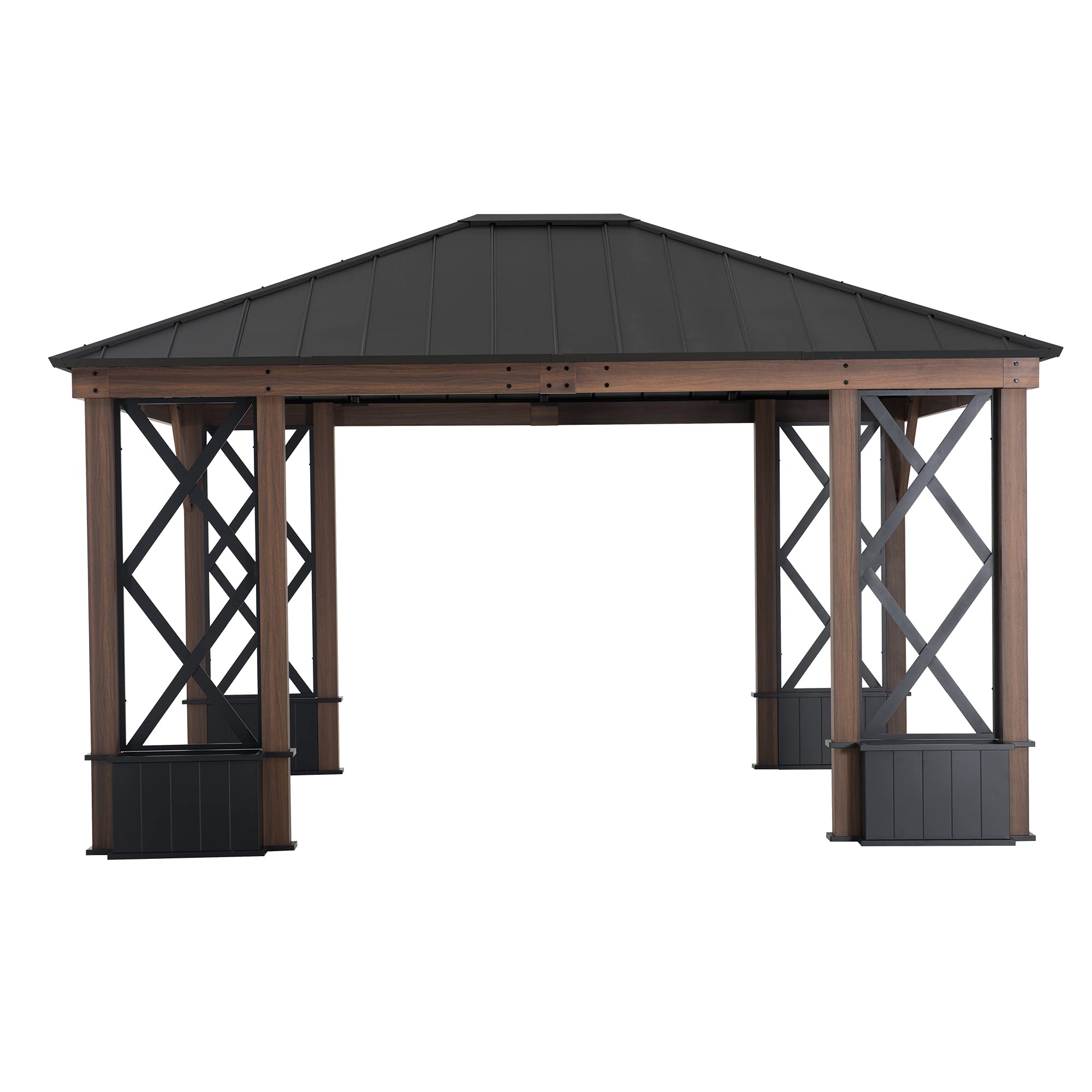 【Gazebo】13x15 Outdoor Steel Hardtop Gazebo with Planters & Ceiling Hook for Patio, Garden & Backyard Activities