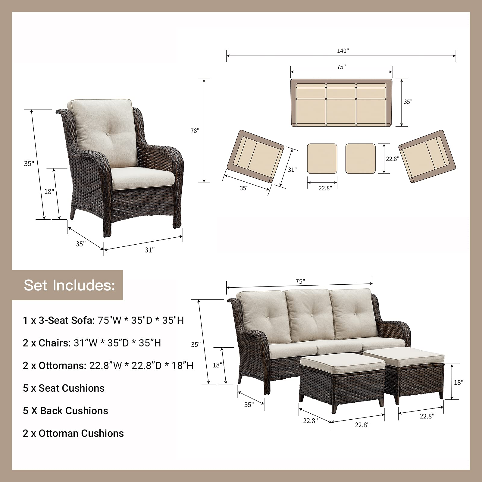 【Furniture】Outdoor Furniture Set, 5-Pc Patio Wicker Sofa Set with 3-Seat Couch, 2 Armchairs, 2 Ottoman Footrests