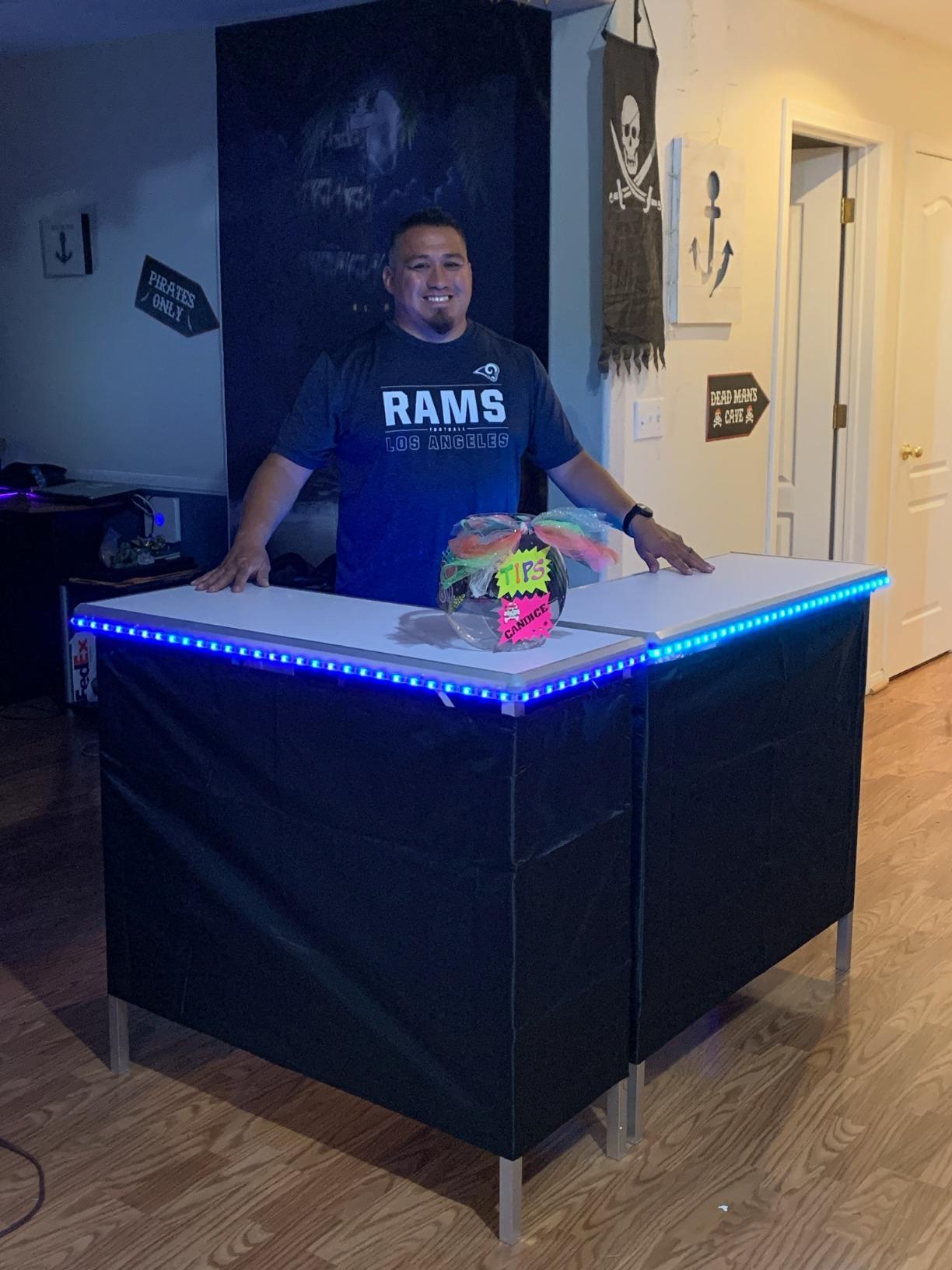 【Furniture】Folding Portable Party Bar w/Color-Changing LED Lights, Black & Hawaiian Bar Skirts & Storage Shelf