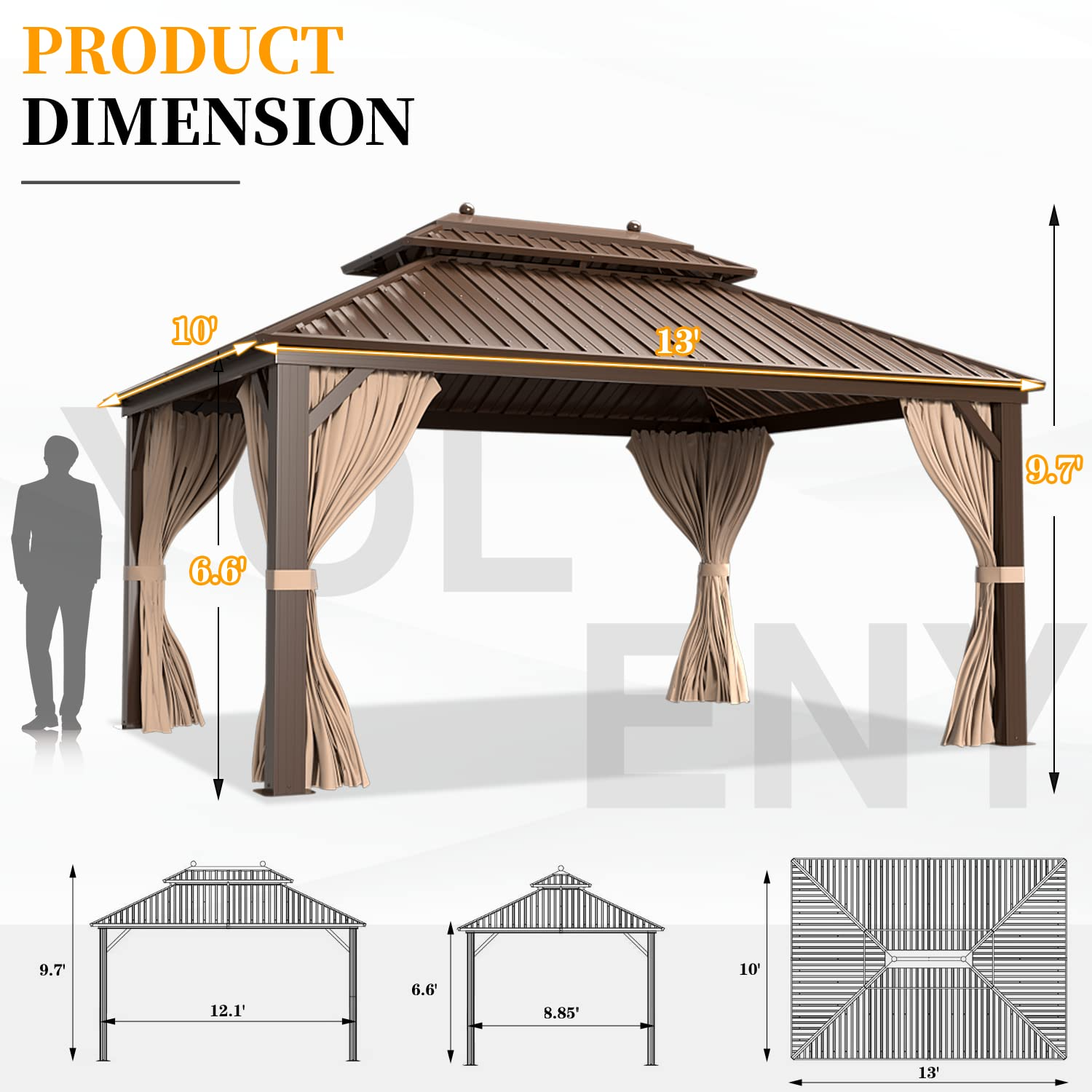 【Gazebo】10'x13' Hardtop Gazebo Galvanized Steel Outdoor Patio Gazebo Canopy Double Roof Pergolas