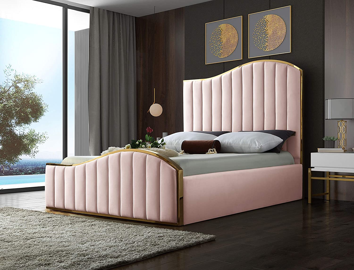 【Furniture】Contemporary Velvet Upholstered Bed With Channel Tufting & Polished Gold Metal Frame, King