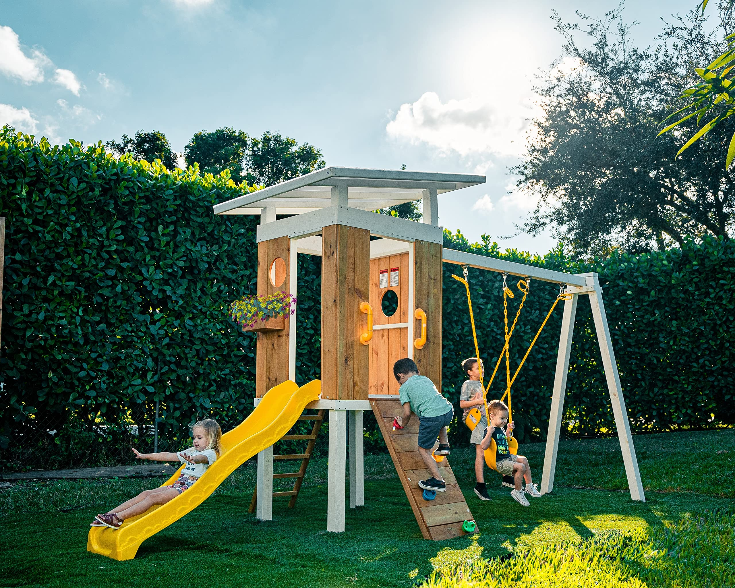 【Baby&Kids】Modern Outdoor Backyard Swing Set Children's Rock Climbing Wood Playground Playset 2 Belt Swings