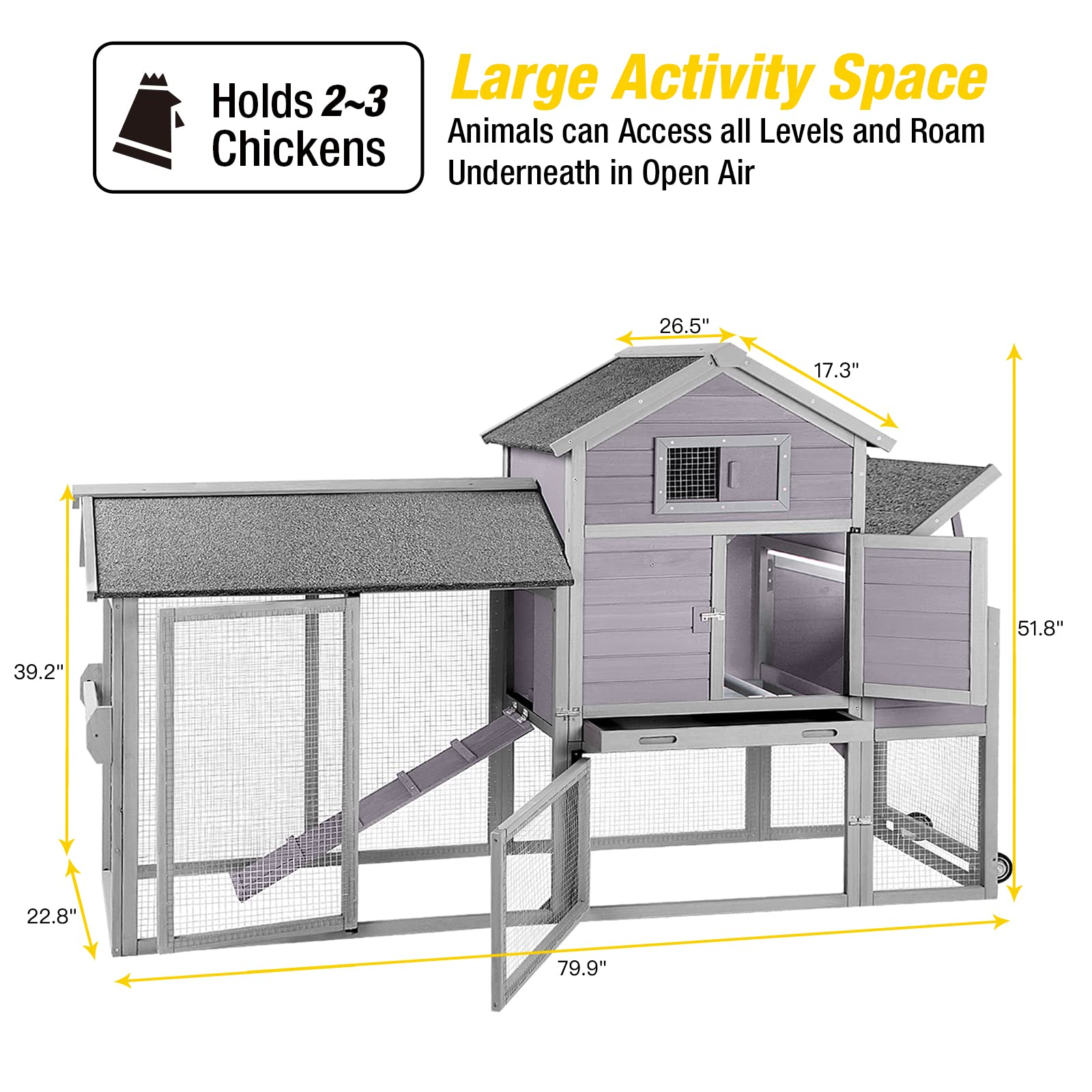 【Home&Garden】80 Movable Chicken Coop with Wheel and Run, Large Backyard Hen House with Nesting Box