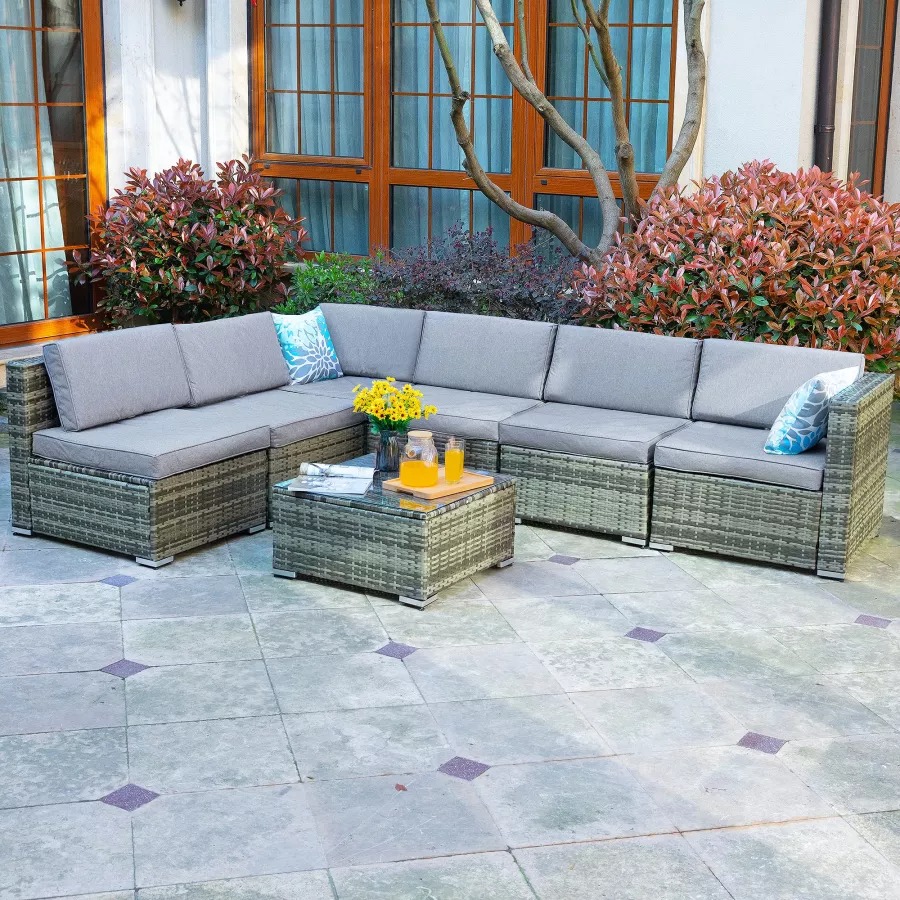 Patio Furniture Set, 7-Piece Outdoor Sectional with Waterproof Cover, All-Weather Wicker Patio Conversation Sets for Backyard (Grey with Grey Cushion)