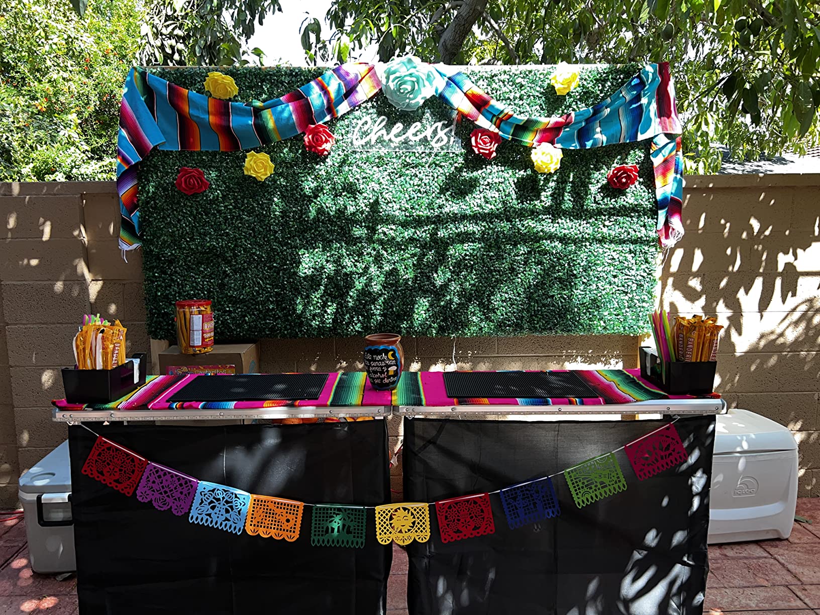 【Furniture】Folding Portable Party Bar w/Color-Changing LED Lights, Black & Hawaiian Bar Skirts & Storage Shelf