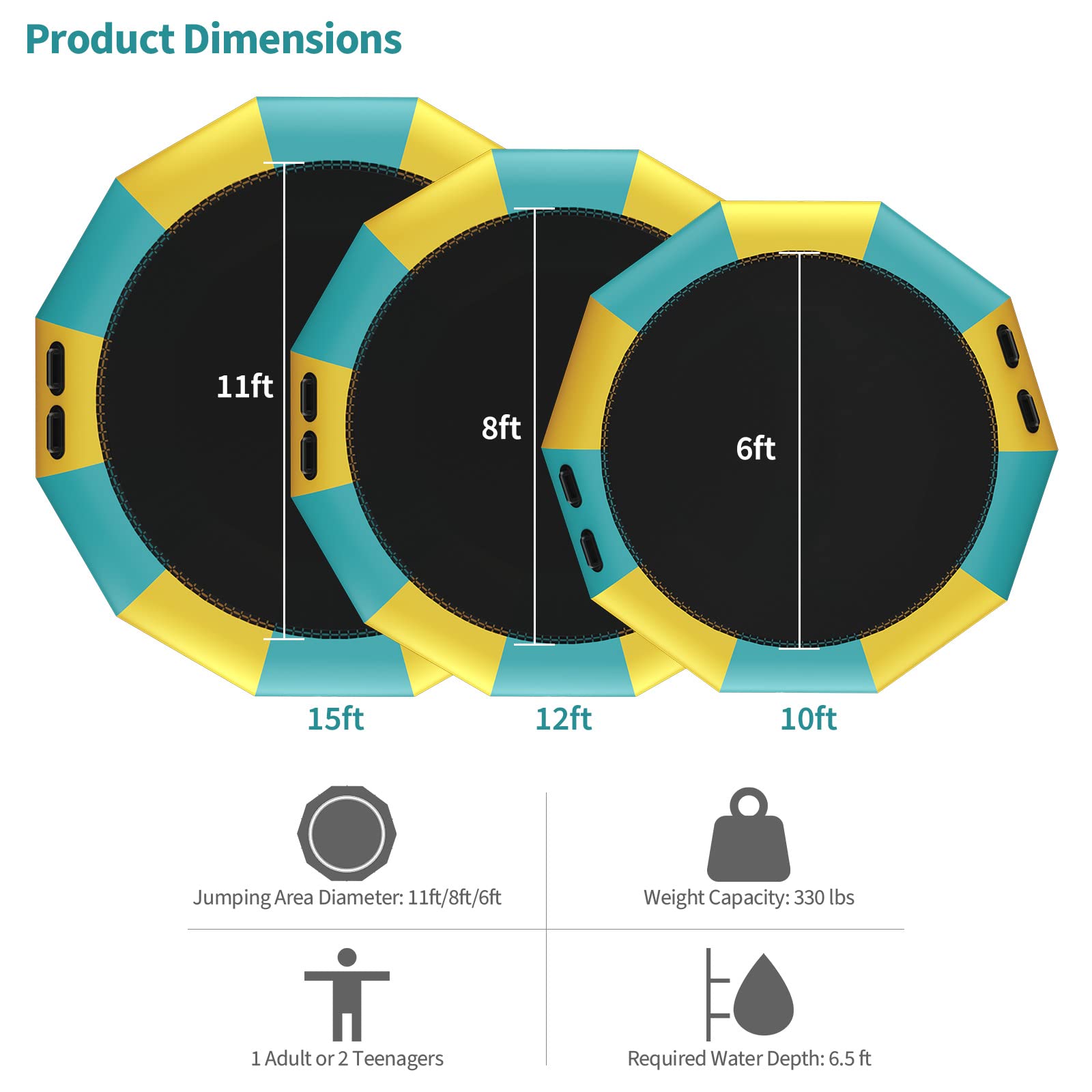 【Sports&Outdoors】Inflatable Water Trampoline, 10FT/12FT/15FT Recreational Water Bouncer