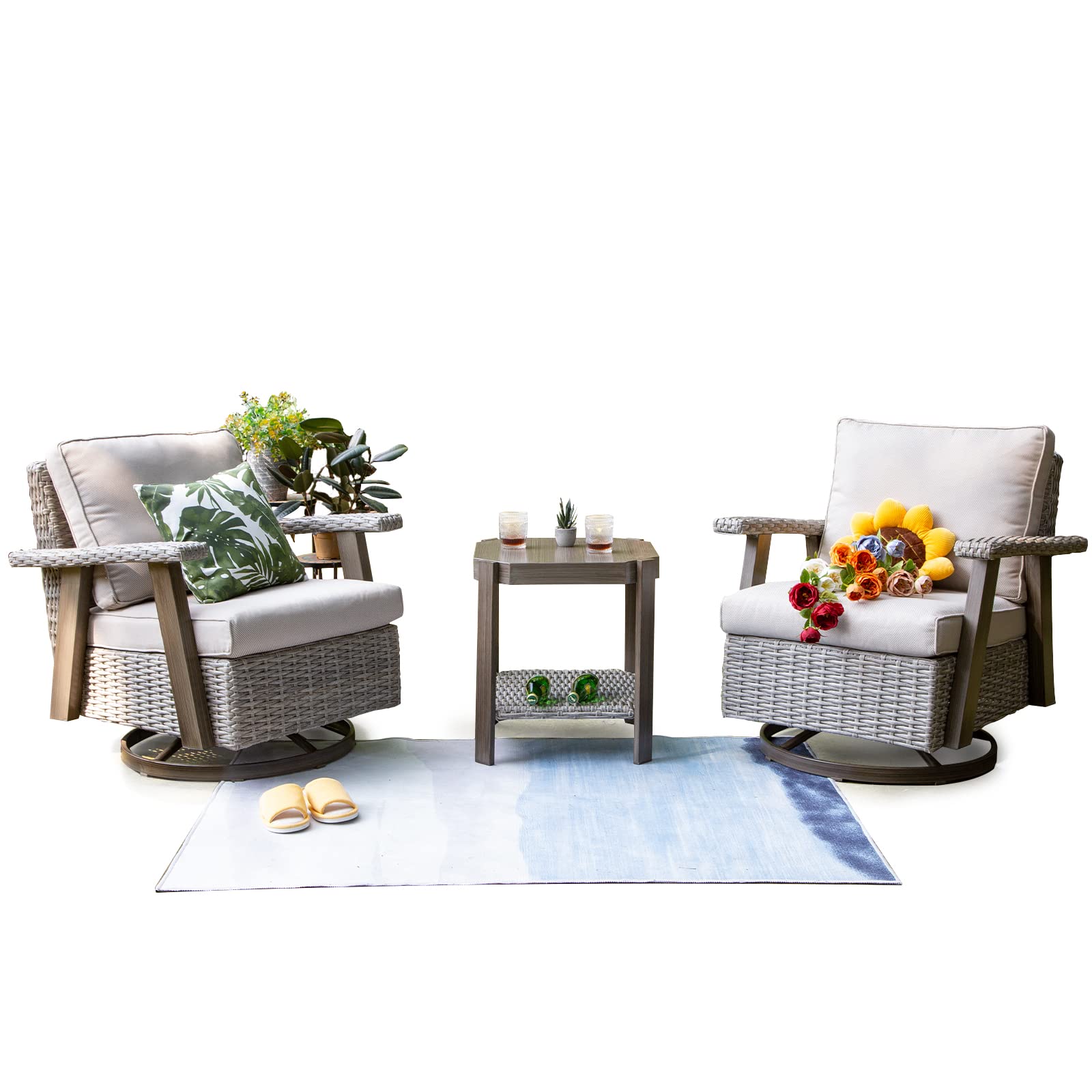 【Furniture】Outdoor Swivel Rocker Patio Chairs Sets of 2 and Matching Side Table - 3 Piece Wicker Patio Bistro Set