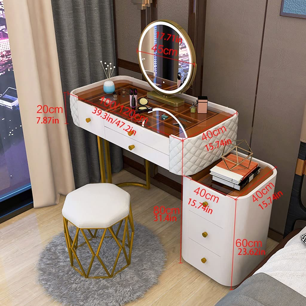 【Furniture】Bedroom Table Dresser Modern Glass Vanity Table with Storage Cabinet, Stool, Mirror
