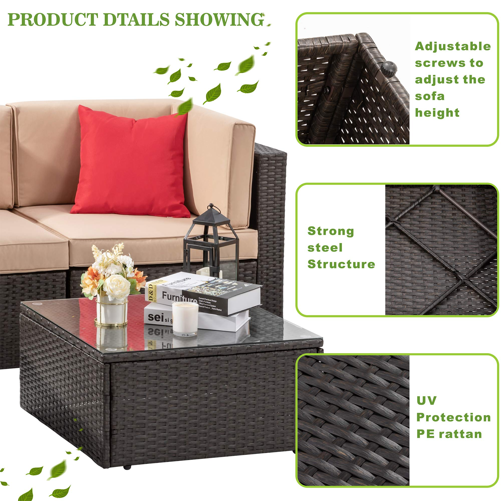 【Furniture】5 Pcs Patio Furniture Sets, All-Weather Brown PE Wicker Outdoor Couch Sectional Patio Set