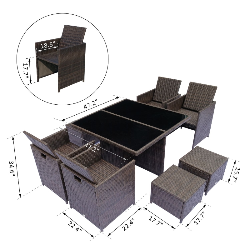 【Home&Garden】9 Pieces Patio Dining Sets Outdoor Space Saving Rattan Chairs with Glass Table