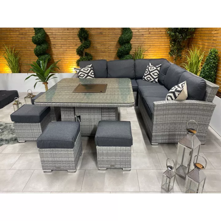 【Furniture】【BS】8 PCS Patio Furniture Set, Fire Table Set Sectional Outdoor Furniture Firepit Stone Grey