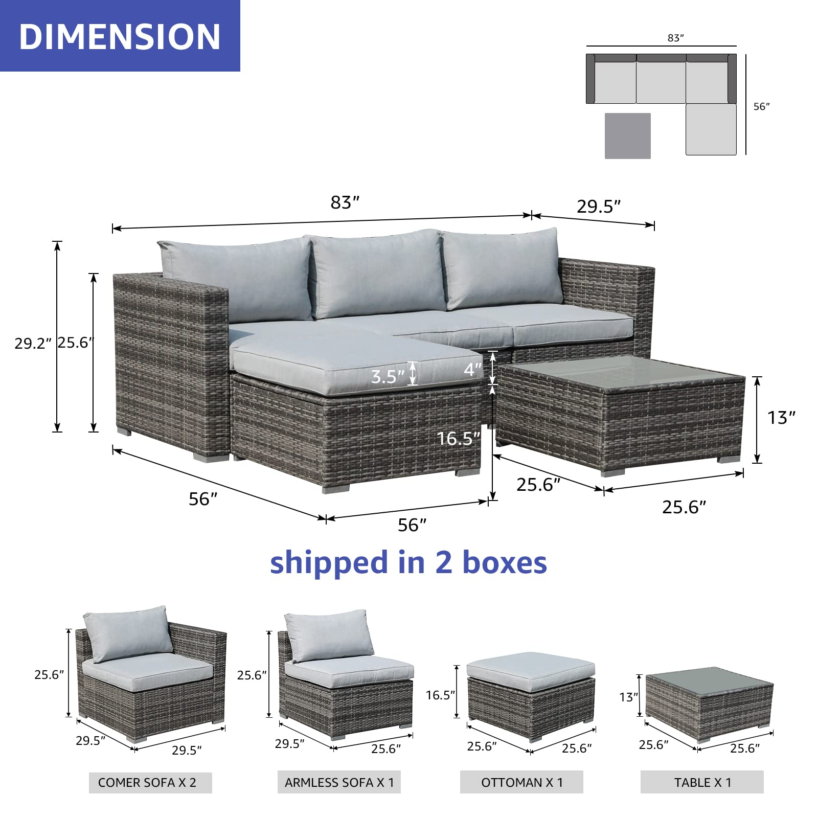 【Furniture】7 Pcs Outdoor Patio Furniture Set, All Weather Grey PE Wicker Rattan Sectional Conversation Set