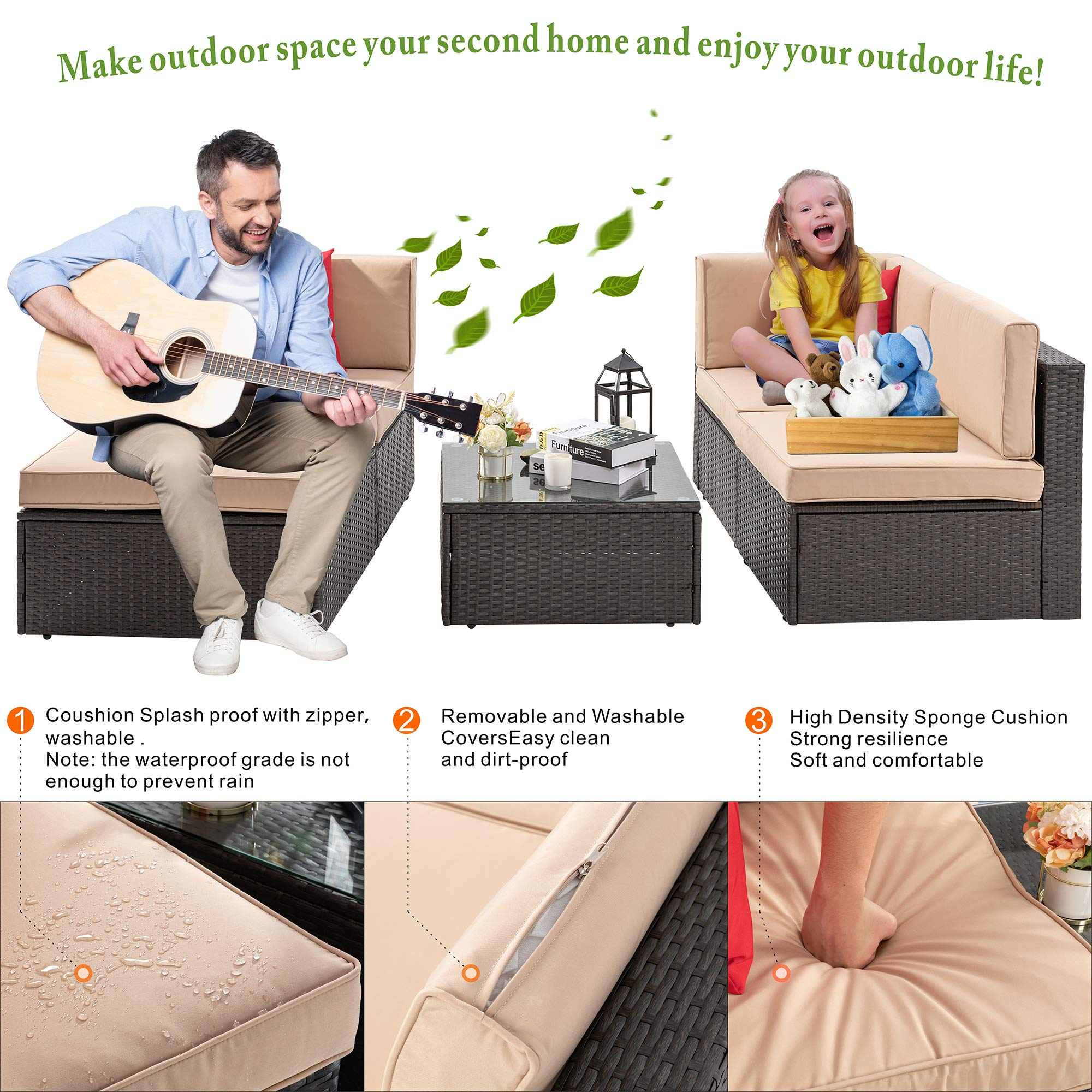 【Furniture】5 Pcs Patio Furniture Sets, All-Weather Brown PE Wicker Outdoor Couch Sectional Patio Set