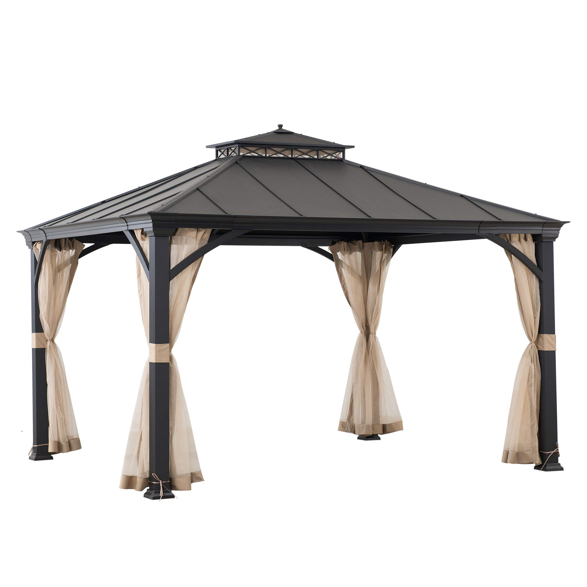 【Gazebo】10.5x12.5 ft. Outdoor Patio Black Steel Frame Hardtop Gazebo with 2-Tier Steel Roof & Mesh Netting