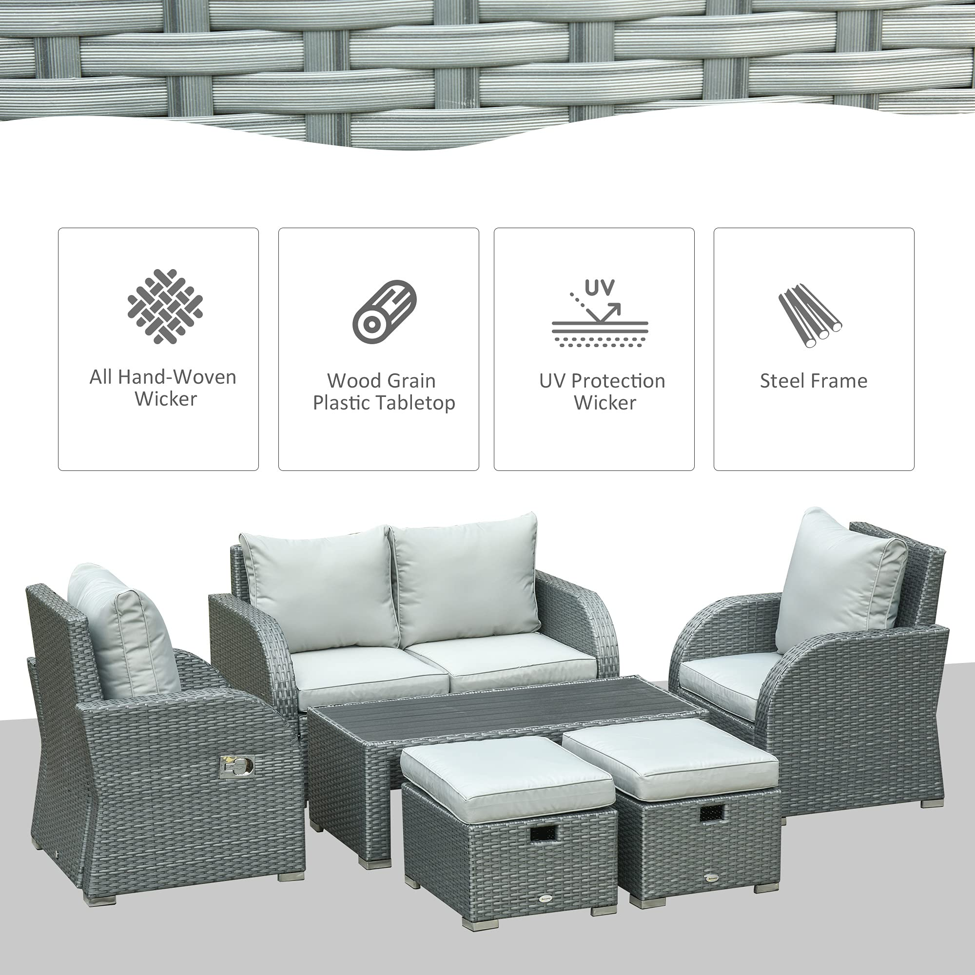 【Furniture】6-PCs Patio Furniture Set Outdoor Wicker Sofa Set with Tea Table Gas Spring & Soft Cushion
