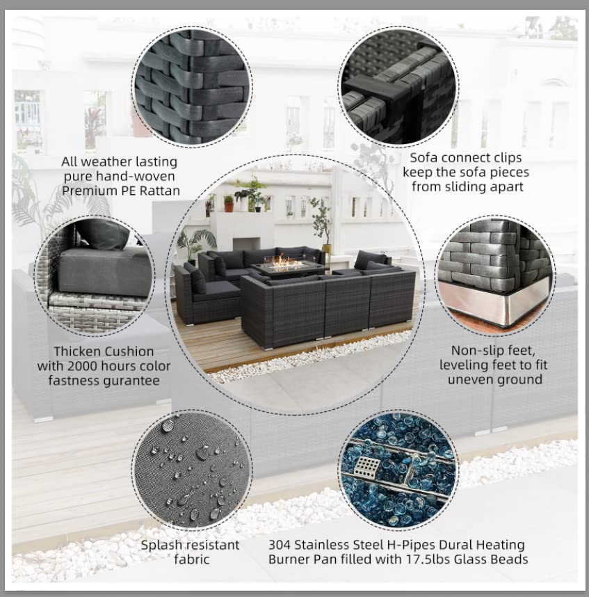 【Home&Garden】Large Size High Back PE Rattan Patio Furniture Sectional Sofa Sets with Fire Pit Table