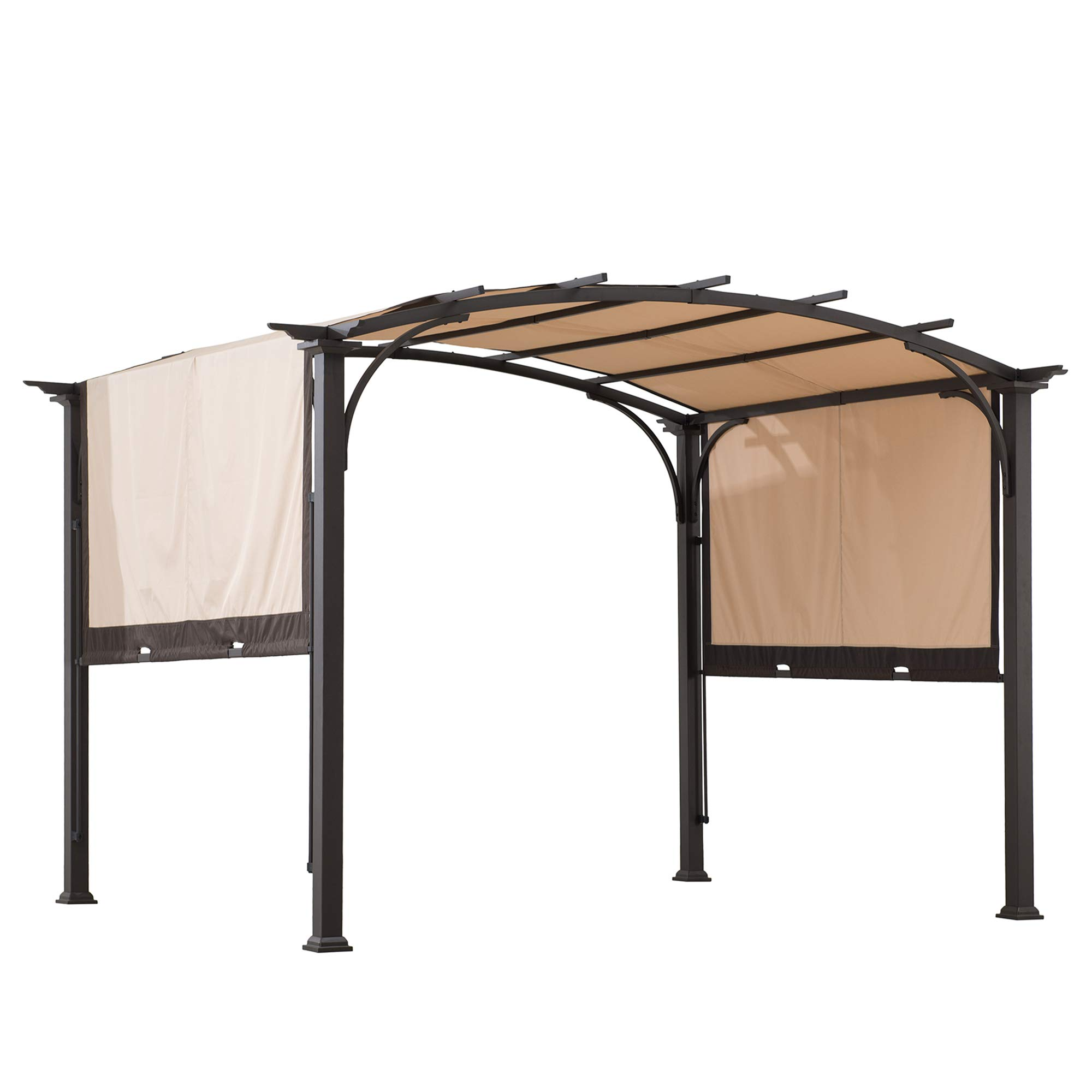 【Home&Garden】【BS】9.5x11 Steel Arched Pergola with 2-Tone Adjustable Shade, Tan & Brown