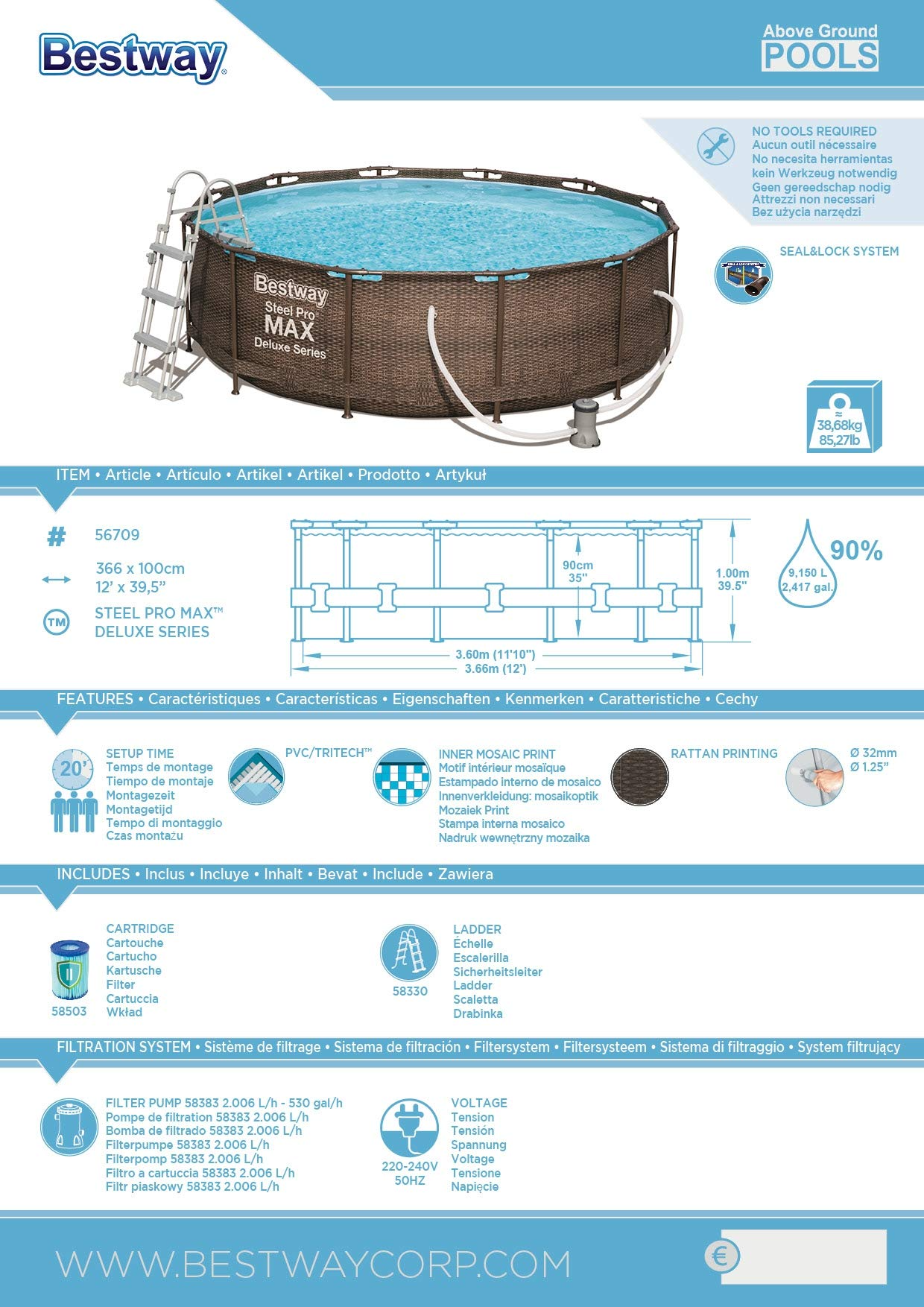 【Sports&Outdoors】Steel Pro Max Swimming Pool, with filter pump, rattan print, 12ft