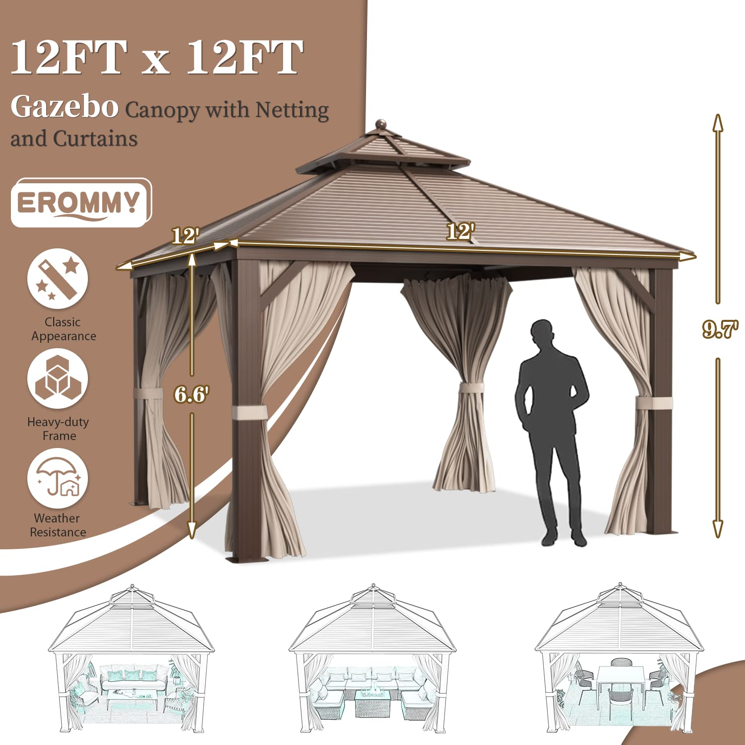 【Gazebo】Hardtop Gazebo Galvanized Steel Outdoor Gazebo Canopy Double Roof Pergolas Aluminum Frame