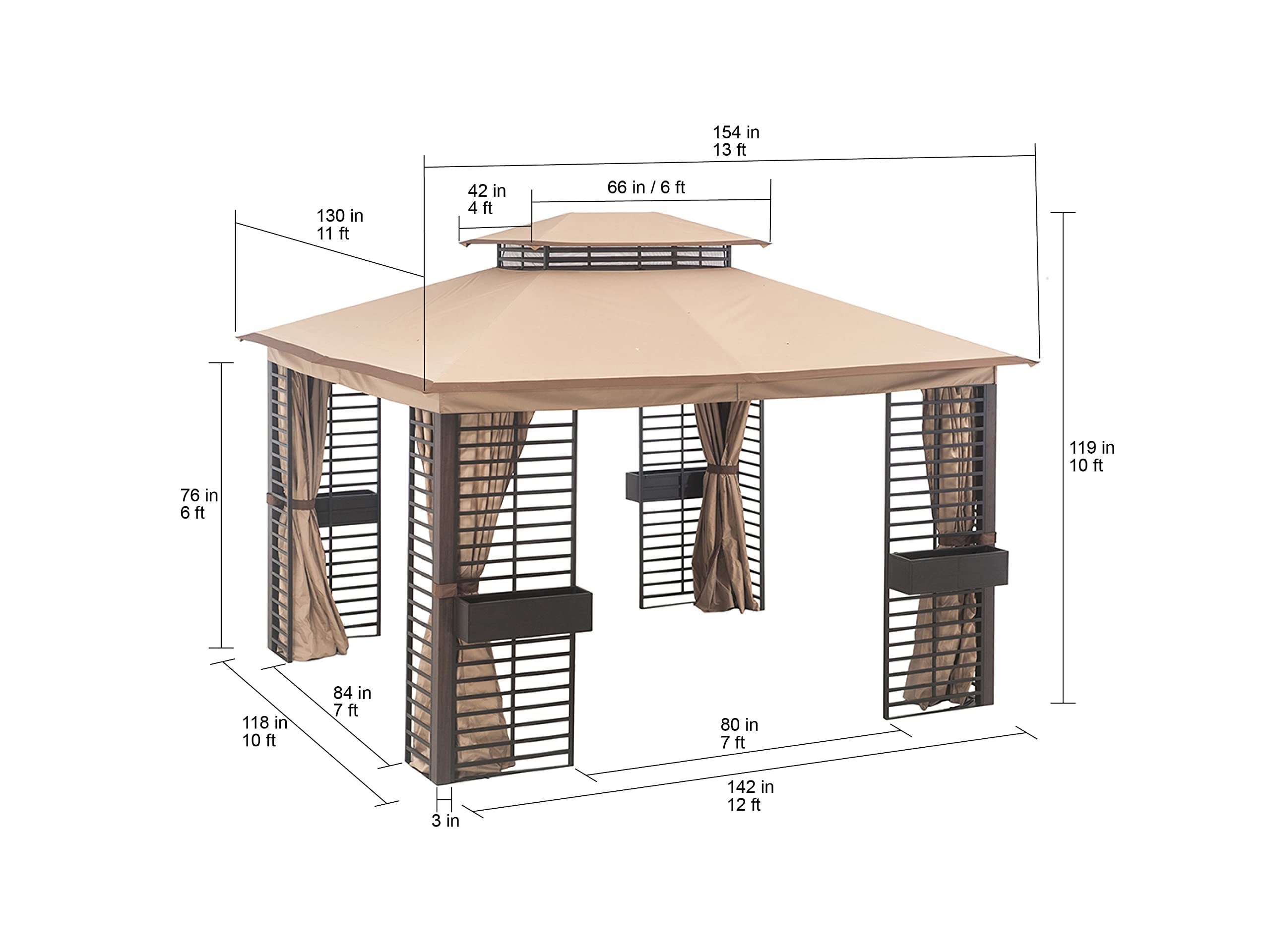 【Gazebo】11x13 Gazebos with Planters, Outdoor Patio Steel 2-Tier Soft Top Gazebo with Netting & Curtains