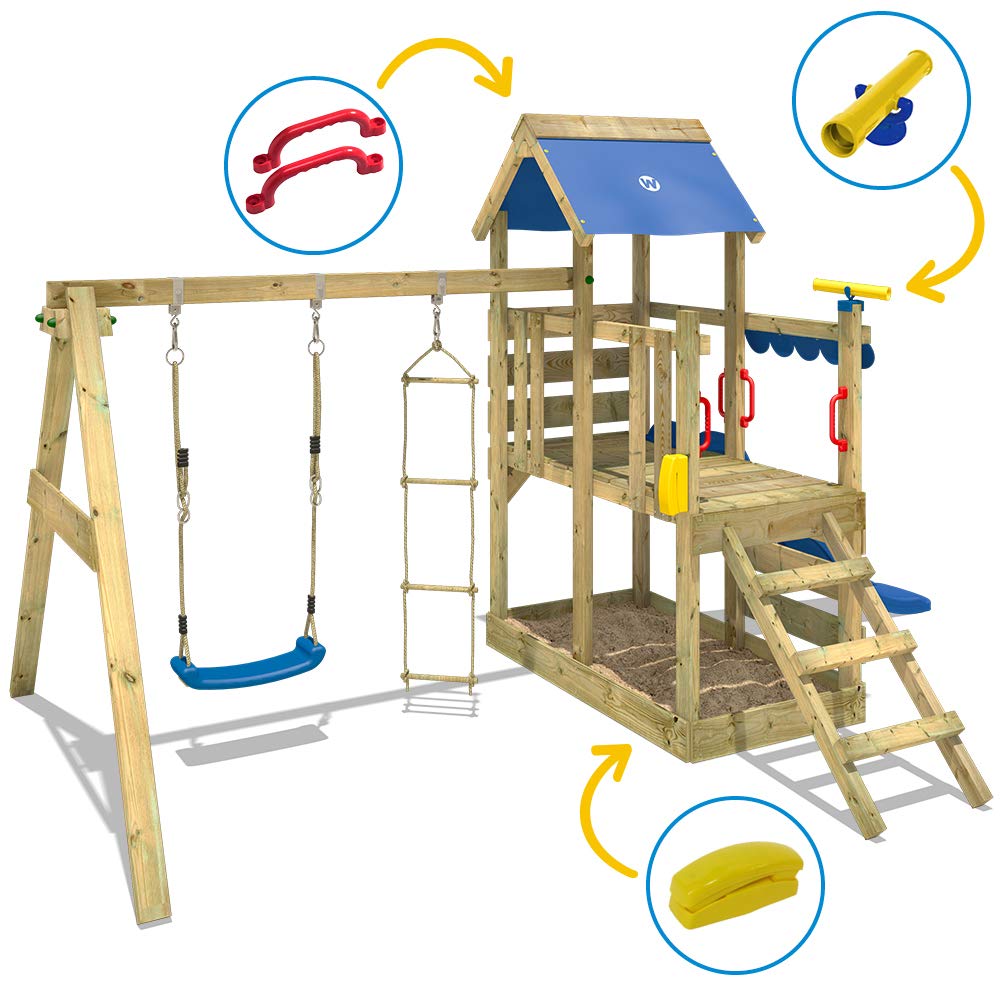 【Sports&Outdoors】Wooden climbing frame TurboFlyer with swing set and blue slide, Garden playhouse