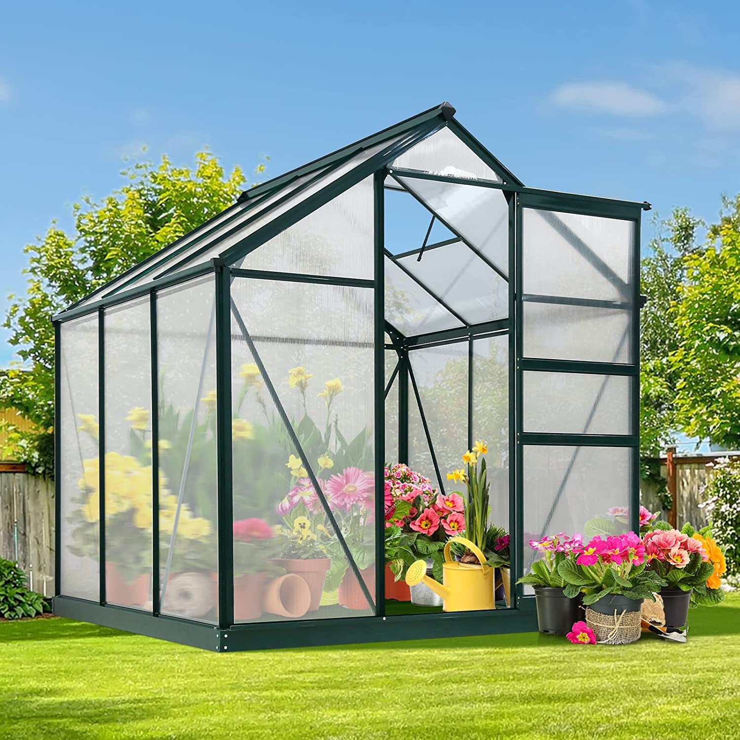 【Home&Garden】6' x 8' x 7' Outdoor Walk-in Hobby Greenhouse with Sliding Door & Ventilation Window