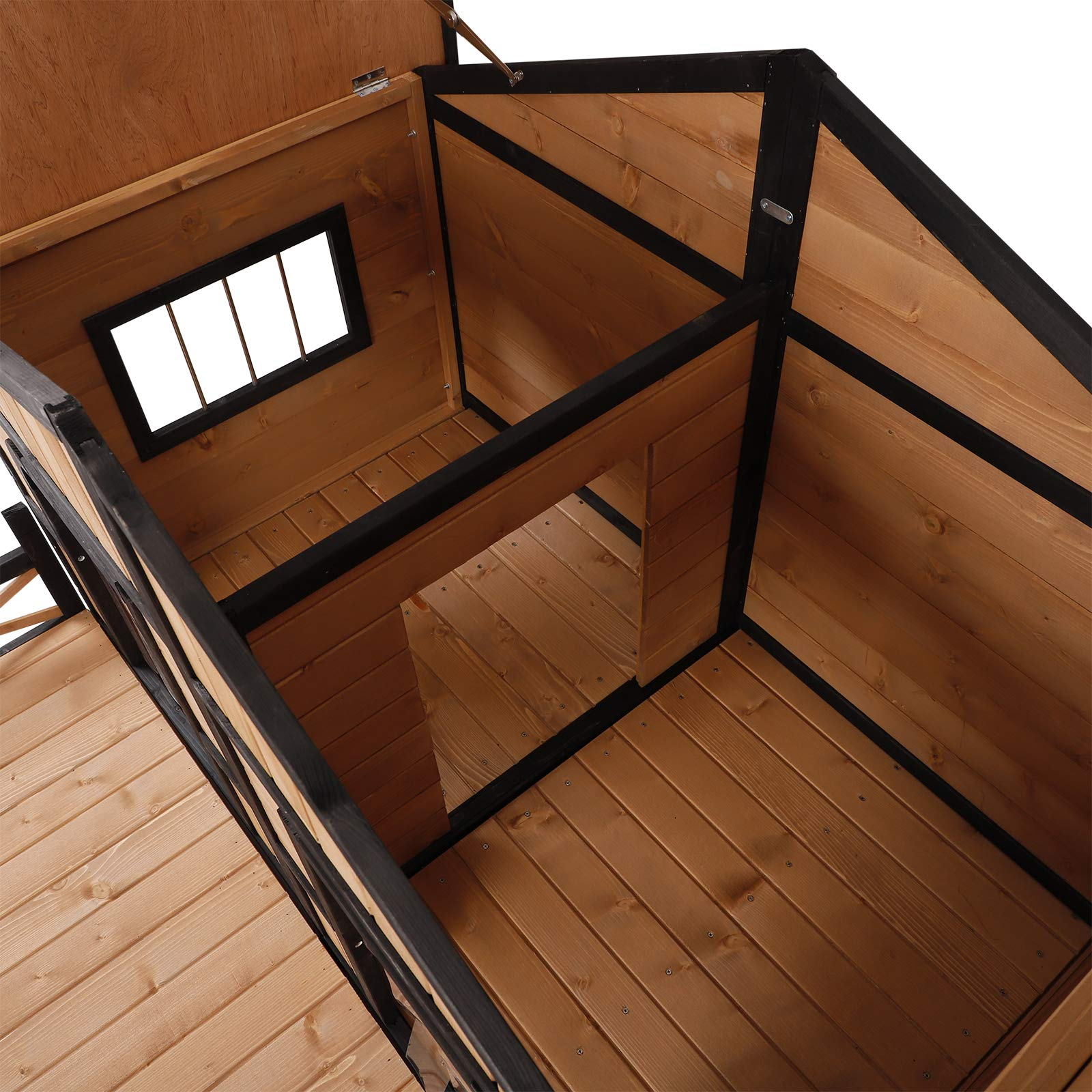 【Pet】59x64x39 Wood Large Dog House Cabin Style Elevated Pet Shelter wPorch Deck Natural