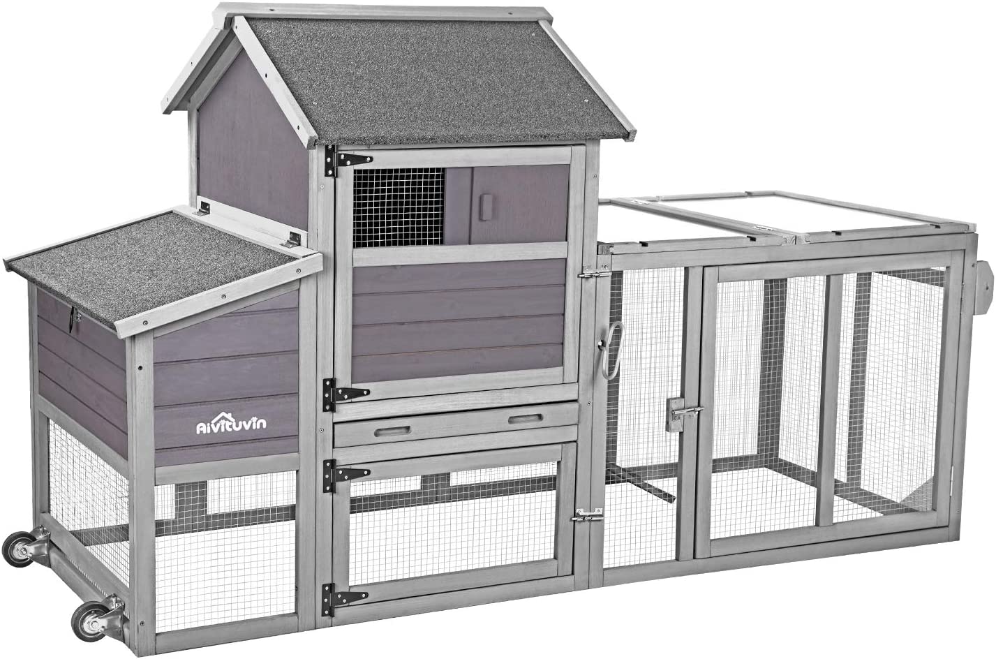 【Home&Garden】80 Movable Chicken Coop with Wheel and Run, Large Backyard Hen House with Nesting Box