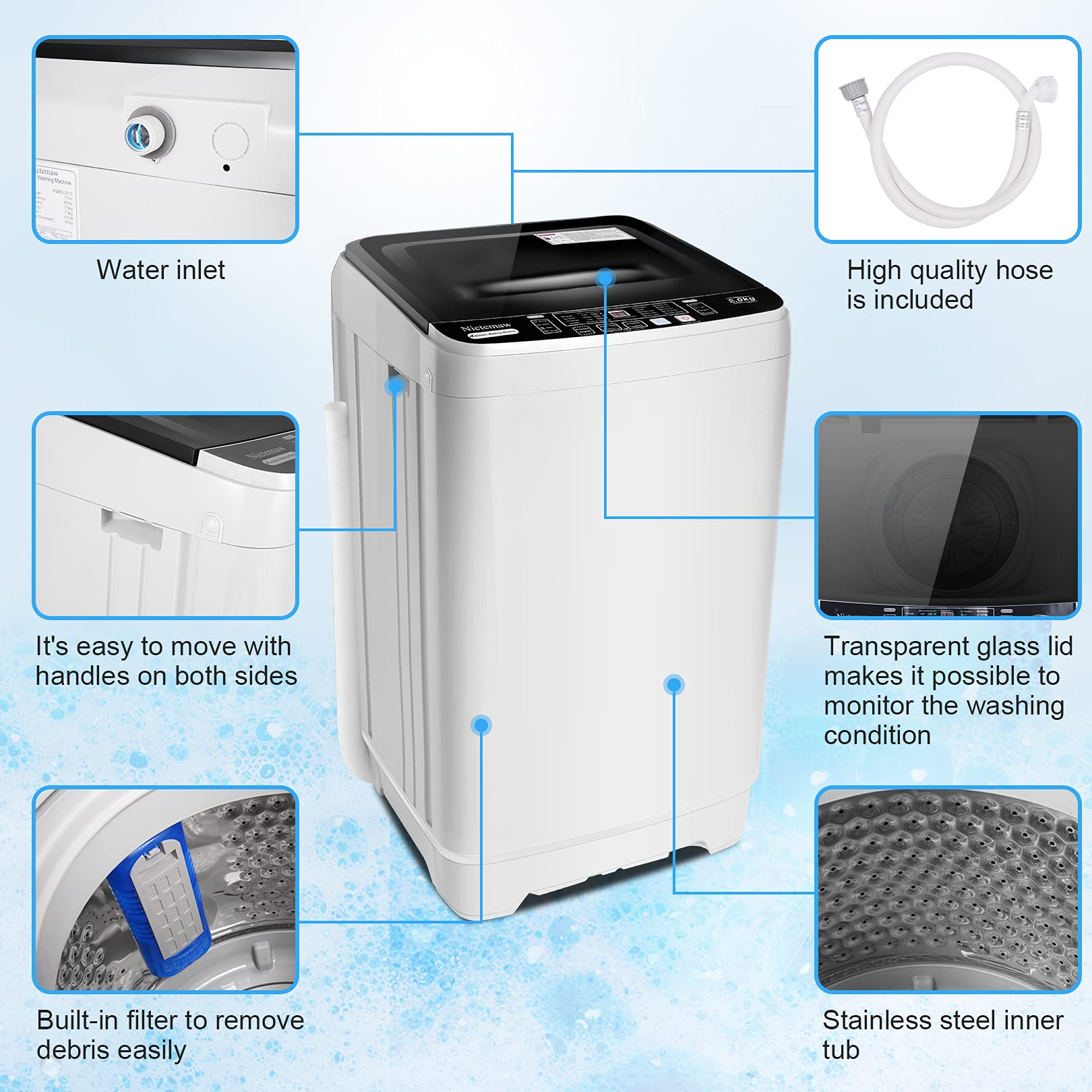 【Appliances】Portable Washer Nictemaw 17.8Lbs Capacity Full-Automatic Washer Machine 1.9 Cu.ft