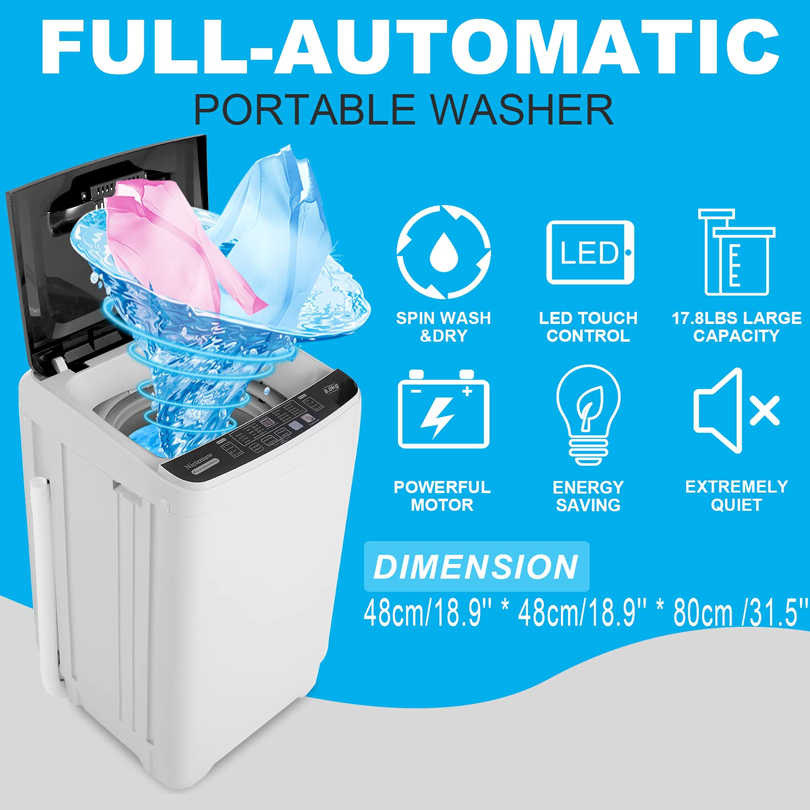 【Appliances】Portable Washer Nictemaw 17.8Lbs Capacity Full-Automatic Washer Machine 1.9 Cu.ft