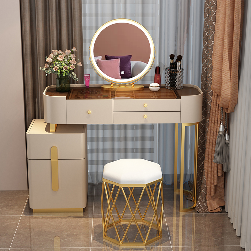 【Furniture】【BS】Nordic Dressing Table with Mirror, Stool & 3 Light Effect LED Mirrors, Golden Iron Dresser