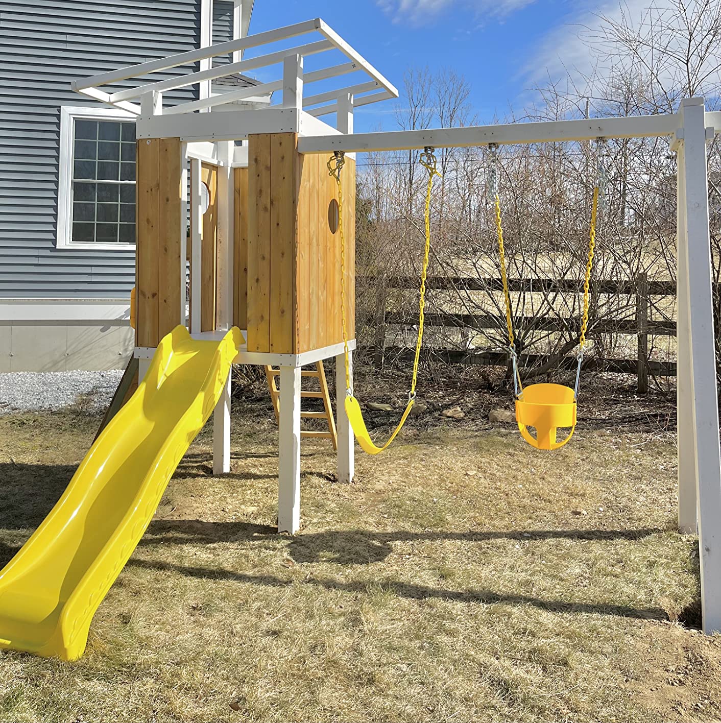 【Baby&Kids】Modern Outdoor Backyard Swing Set Children's Rock Climbing Wood Playground Playset 2 Belt Swings