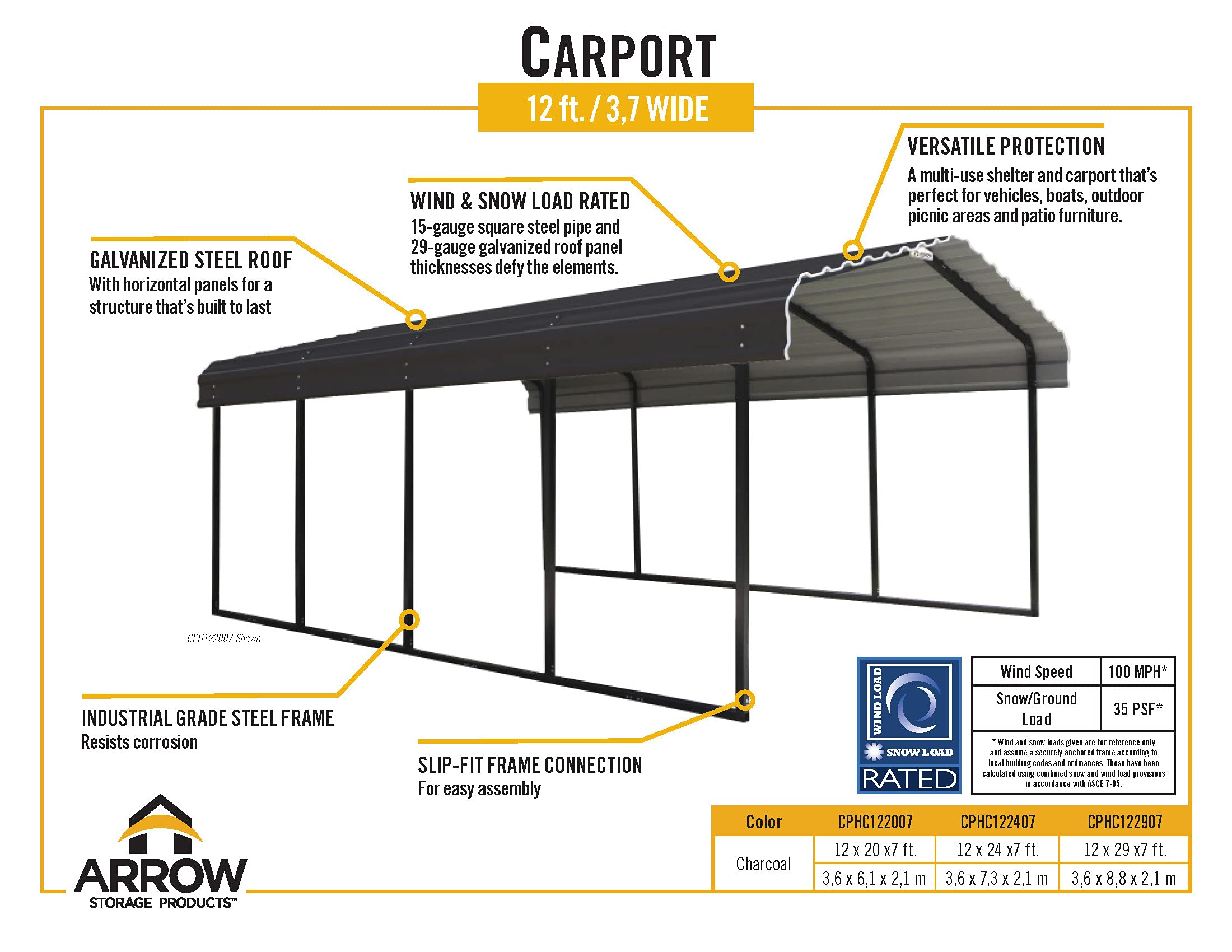 【Home&Garden】Heavy Duty Galvanized Steel Metal Multi-Use Shelter, Shade, Carport, 12' x 24' x 7'