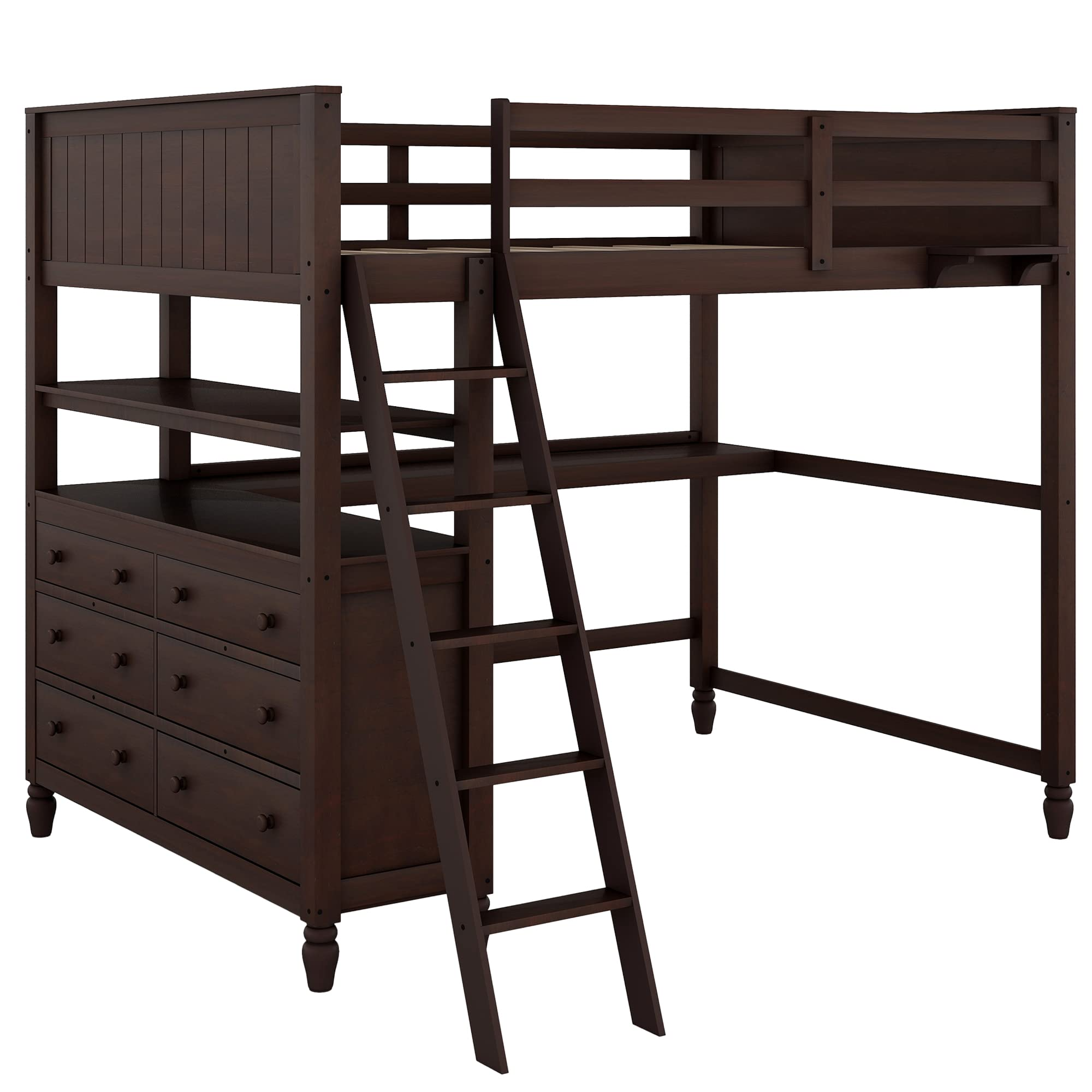 【Furniture】Full Size Loft Bed, Full Loft Bed with Desk, Wood Loft Bed Frame with Drawers & Shelves