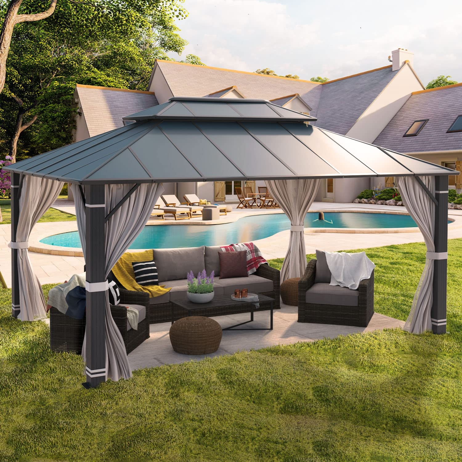 【Gazebo】12' x 16' Hardtop Gazebo, Permanent Outdoor Aluminum Patio Gazebo with Composite Double Roof