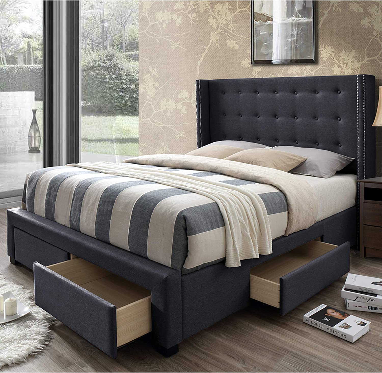 【Furniture】Savoy Tufted Upholstered Wingback Panel Storage Bed Frame, King Size in Grey Fabric